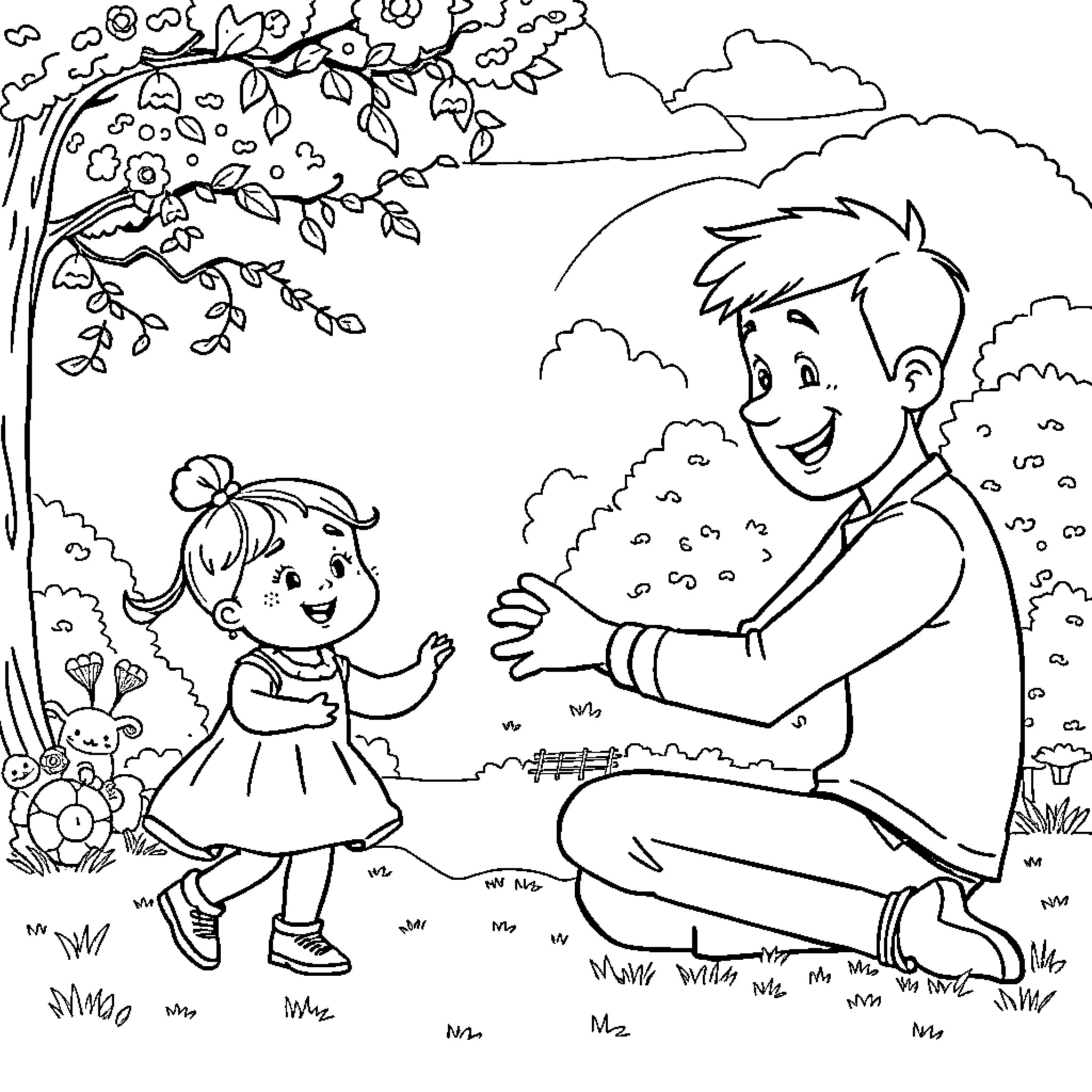 Father and daughter enjoy nature together Coloring Page (free black-and-white line drawing printable PDF for all, from beginners to advanced learners, including children, teens, adults, and seniors)