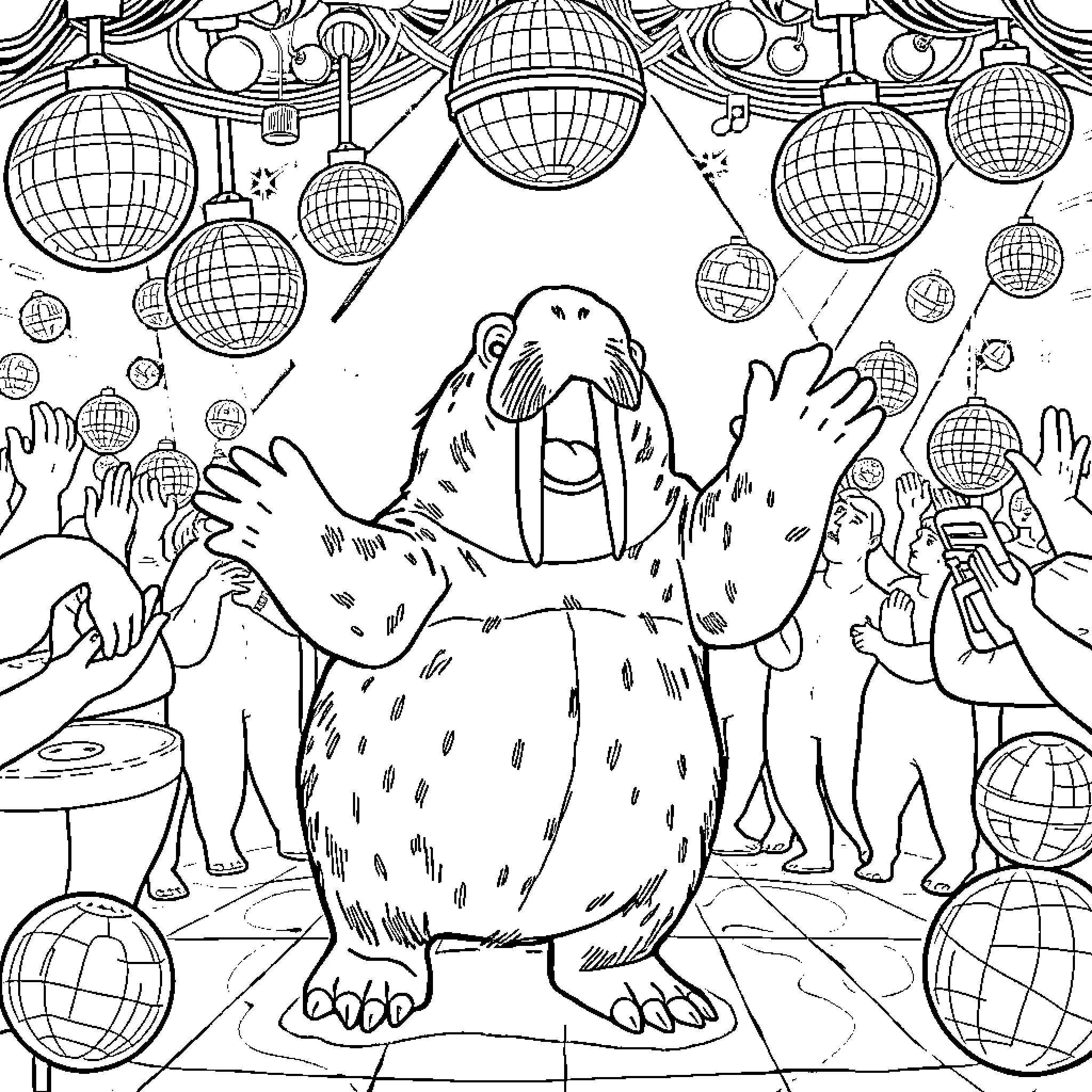 Walrus Celebrating in Disco Ball Wonderland Coloring Page (free black-and-white line drawing printable PDF for all, from beginners to advanced learners, including children, teens, adults, and seniors)