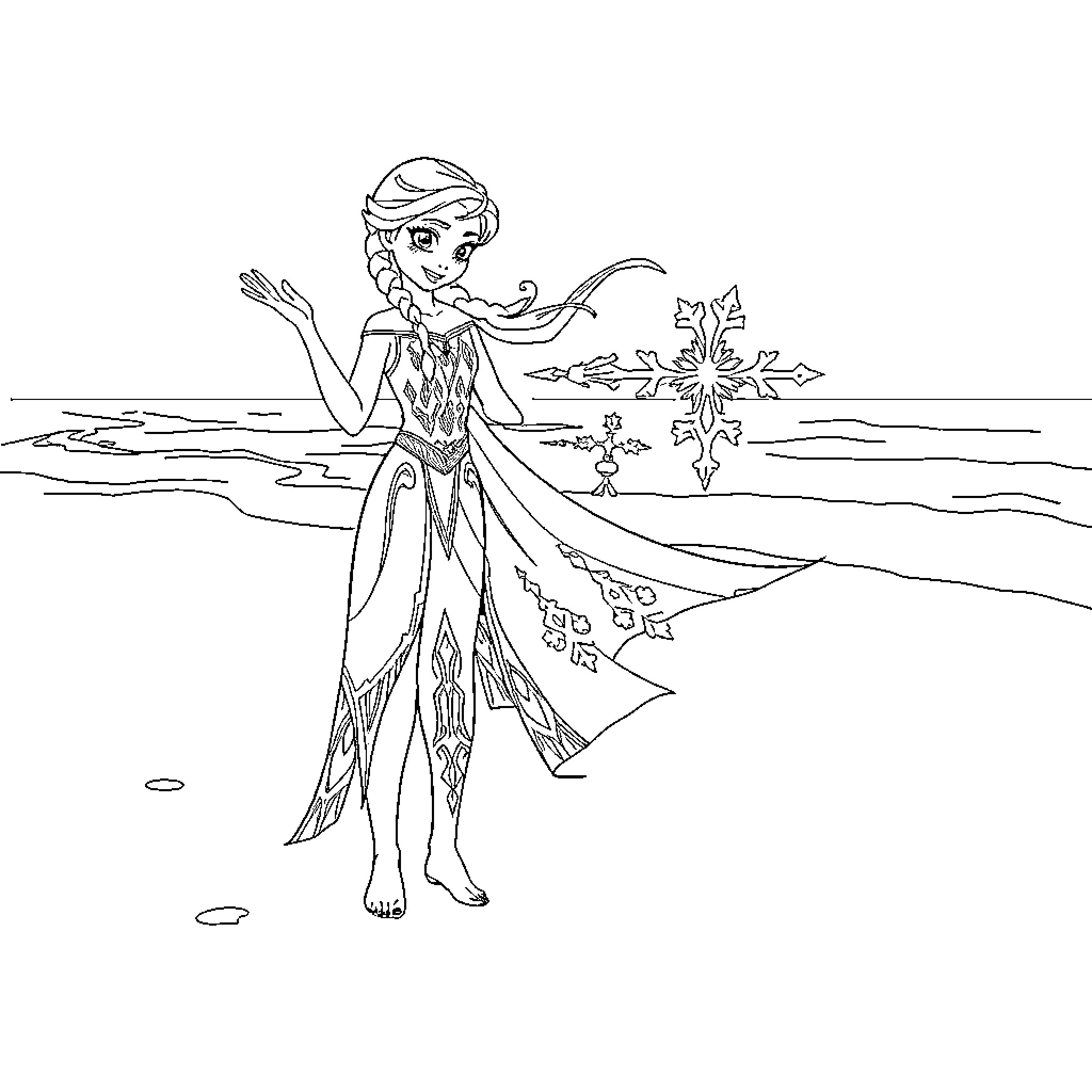 Elsa's Frozen Enchantment Coloring Page (free black-and-white line drawing printable PDF for all, from beginners to advanced learners, including children, teens, adults, and seniors)