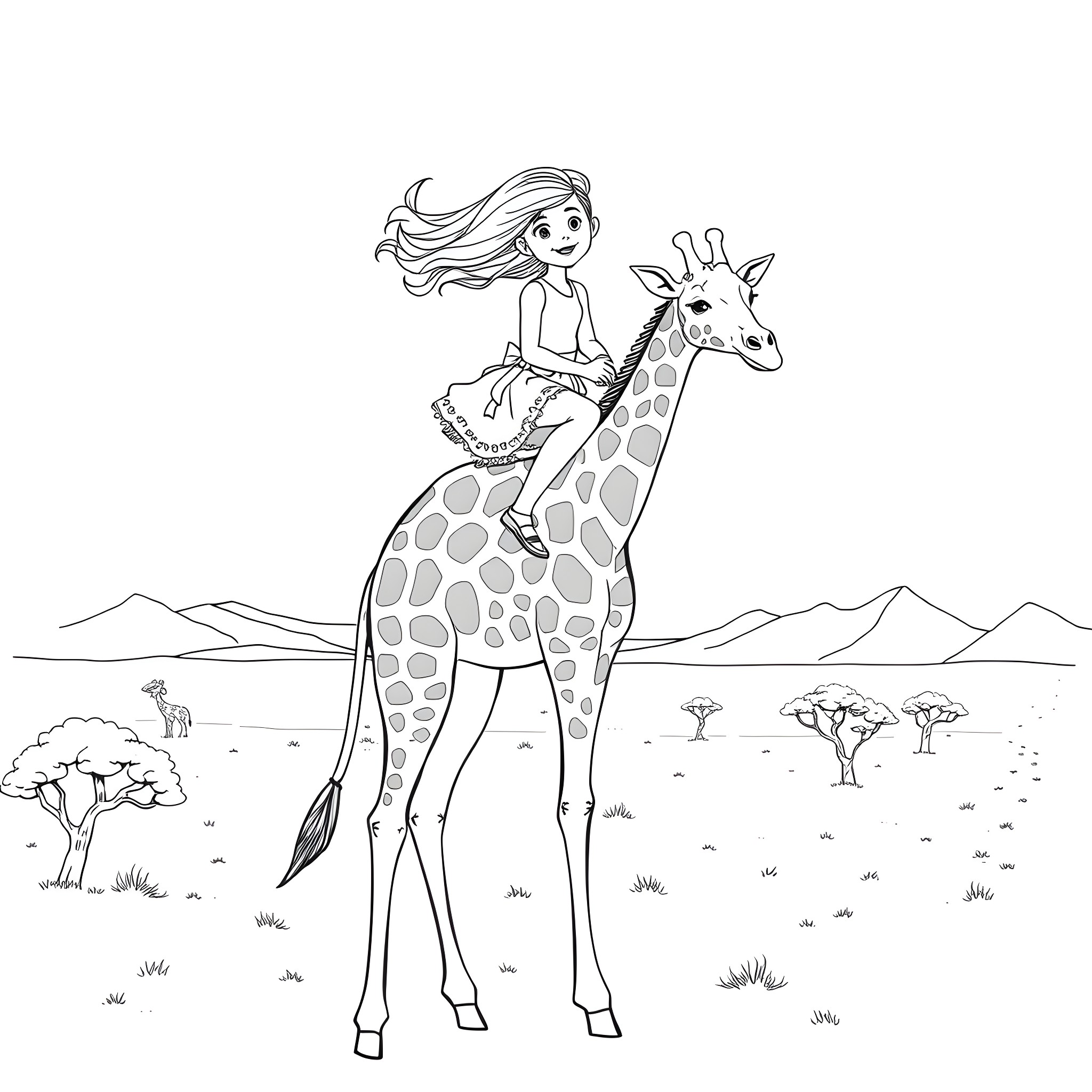 Girl riding a spotted giraffe in the savanna Coloring Page (free black-and-white line drawing printable PDF for all, from beginners to advanced learners, including children, teens, adults, and seniors)