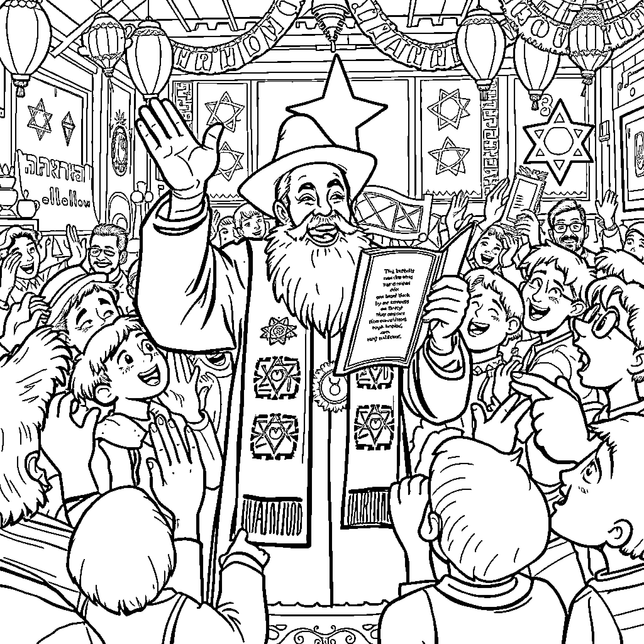 Rabbi leading a celebratory gathering with the community Coloring Page (free black-and-white line drawing printable PDF for all, from beginners to advanced learners, including children, teens, adults, and seniors)