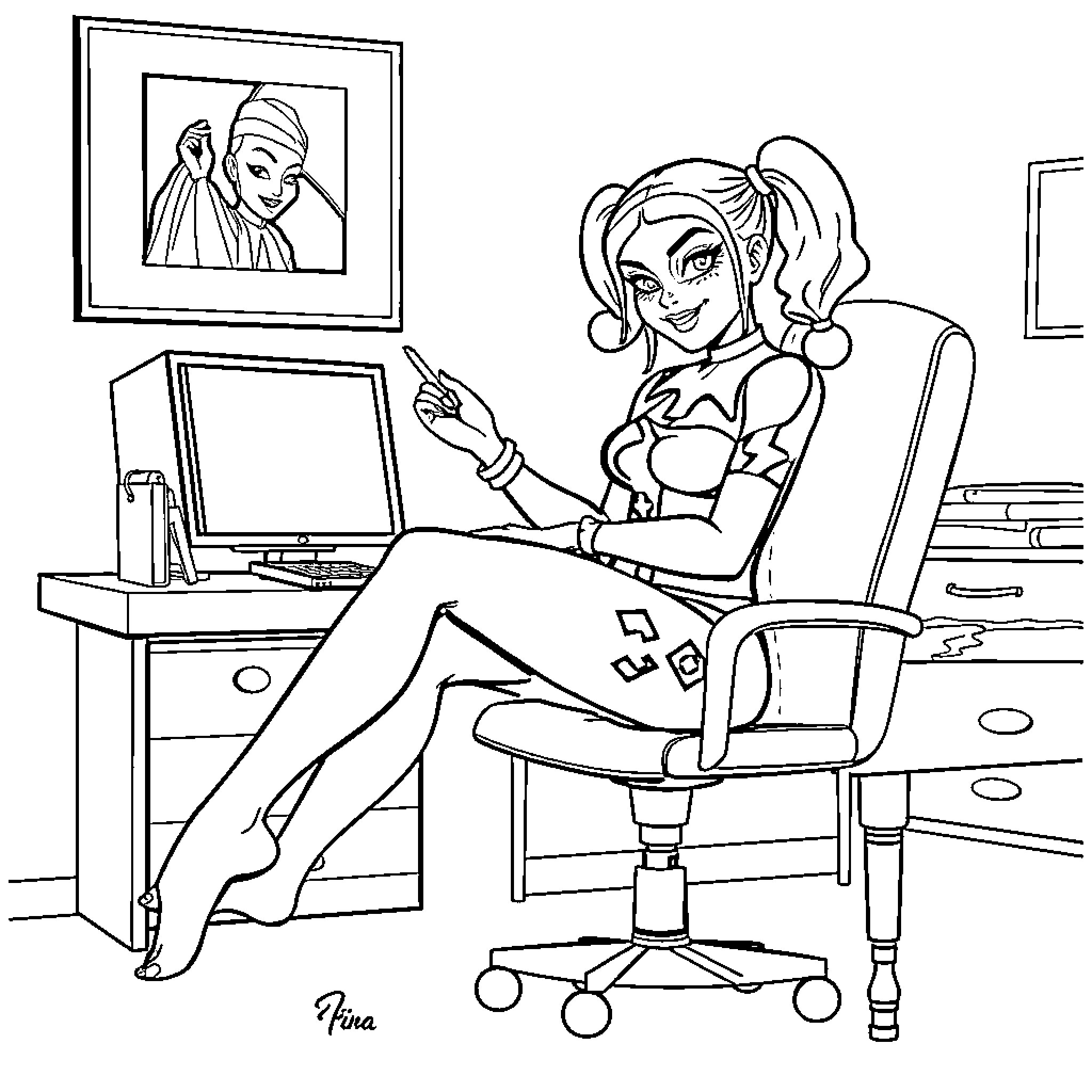 Harley Quinn working at her desk in the office Coloring Page (free black-and-white line drawing printable PDF for all, from beginners to advanced learners, including children, teens, adults, and seniors)