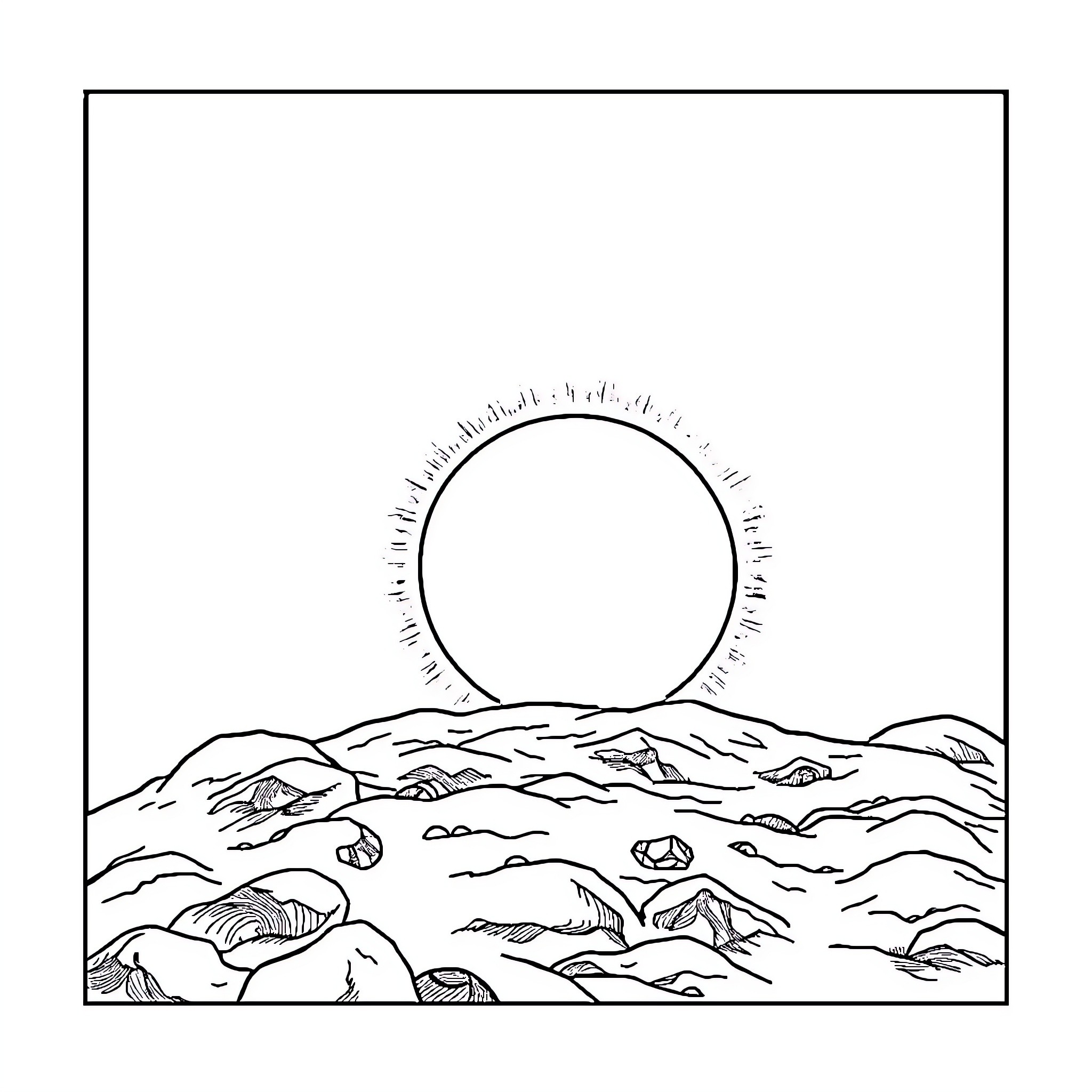 Eclipse over rugged mountain landscape Coloring Page (free black-and-white line drawing printable PDF for all, from beginners to advanced learners, including children, teens, adults, and seniors)