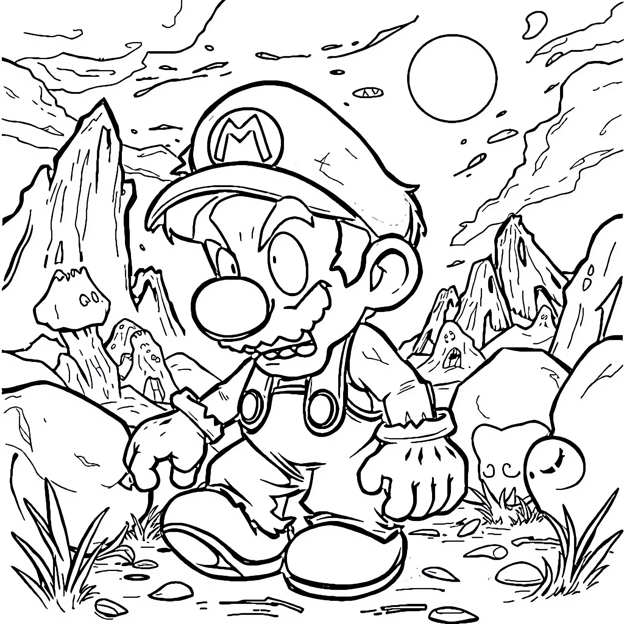Zombie Mario's Spooky Adventure Coloring Page (free black-and-white line drawing printable PDF for all, from beginners to advanced learners, including children, teens, adults, and seniors)