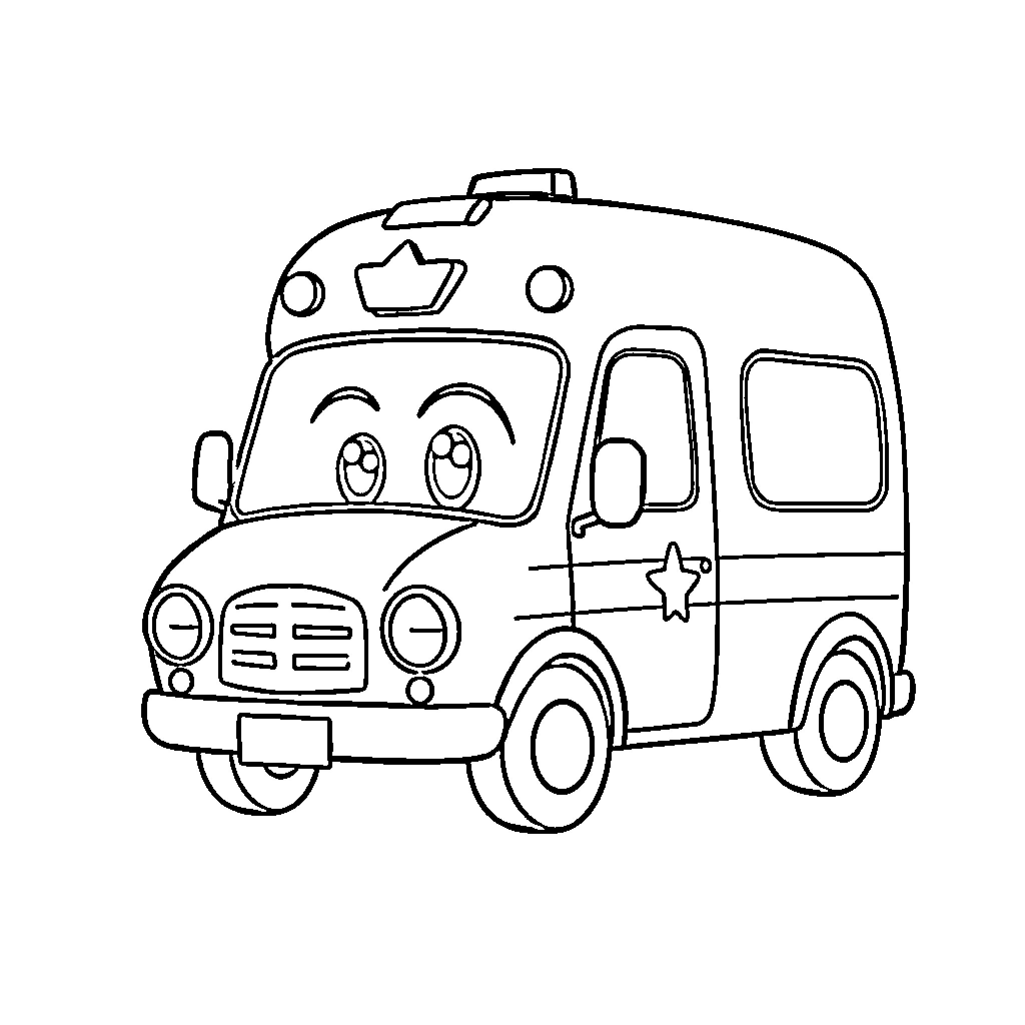 Ambulance with cheerful expression and medical symbol Coloring Page (free black-and-white line drawing printable PDF for all, from beginners to advanced learners, including children, teens, adults, and seniors)
