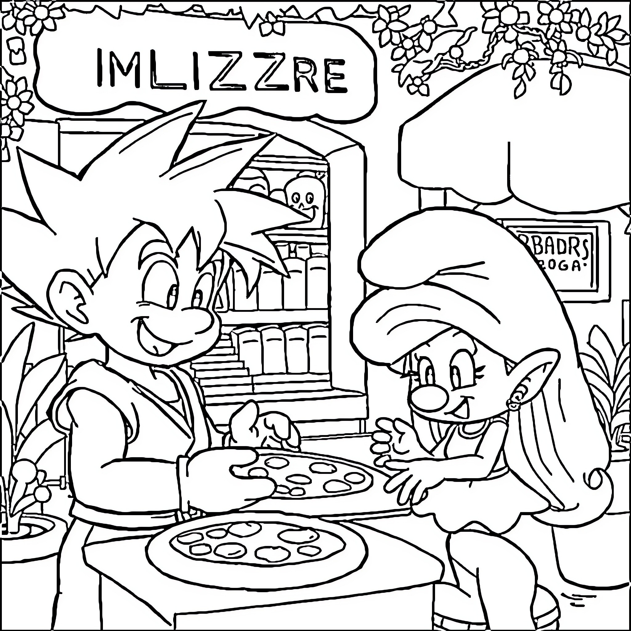 Son Goku and Friends Enjoying a Picnic Coloring Page (free black-and-white line drawing printable PDF for all, from beginners to advanced learners, including children, teens, adults, and seniors)