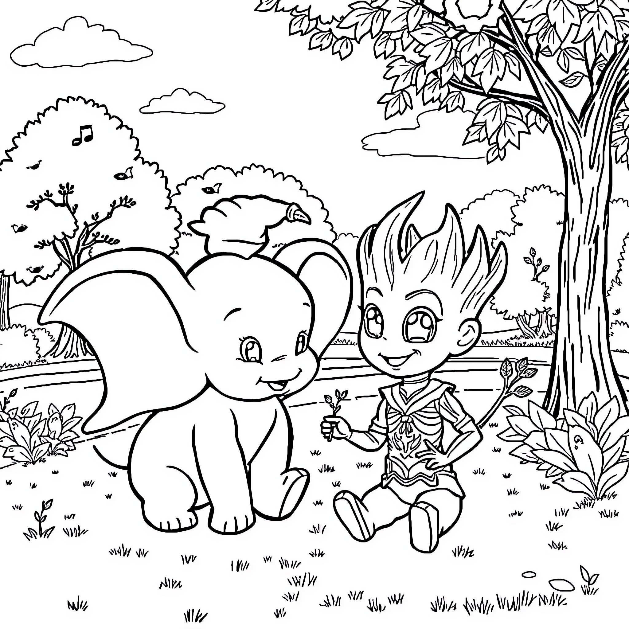 Baby elephant and boy playing in nature Coloring Page (free black-and-white line drawing printable PDF for all, from beginners to advanced learners, including children, teens, adults, and seniors)
