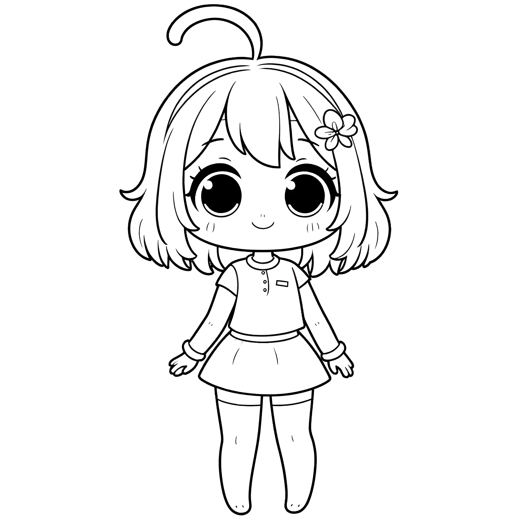 Anime Girl with Flower Headband and Happy Expression Coloring Page (free black-and-white line drawing printable PDF for all, from beginners to advanced learners, including children, teens, adults, and seniors)