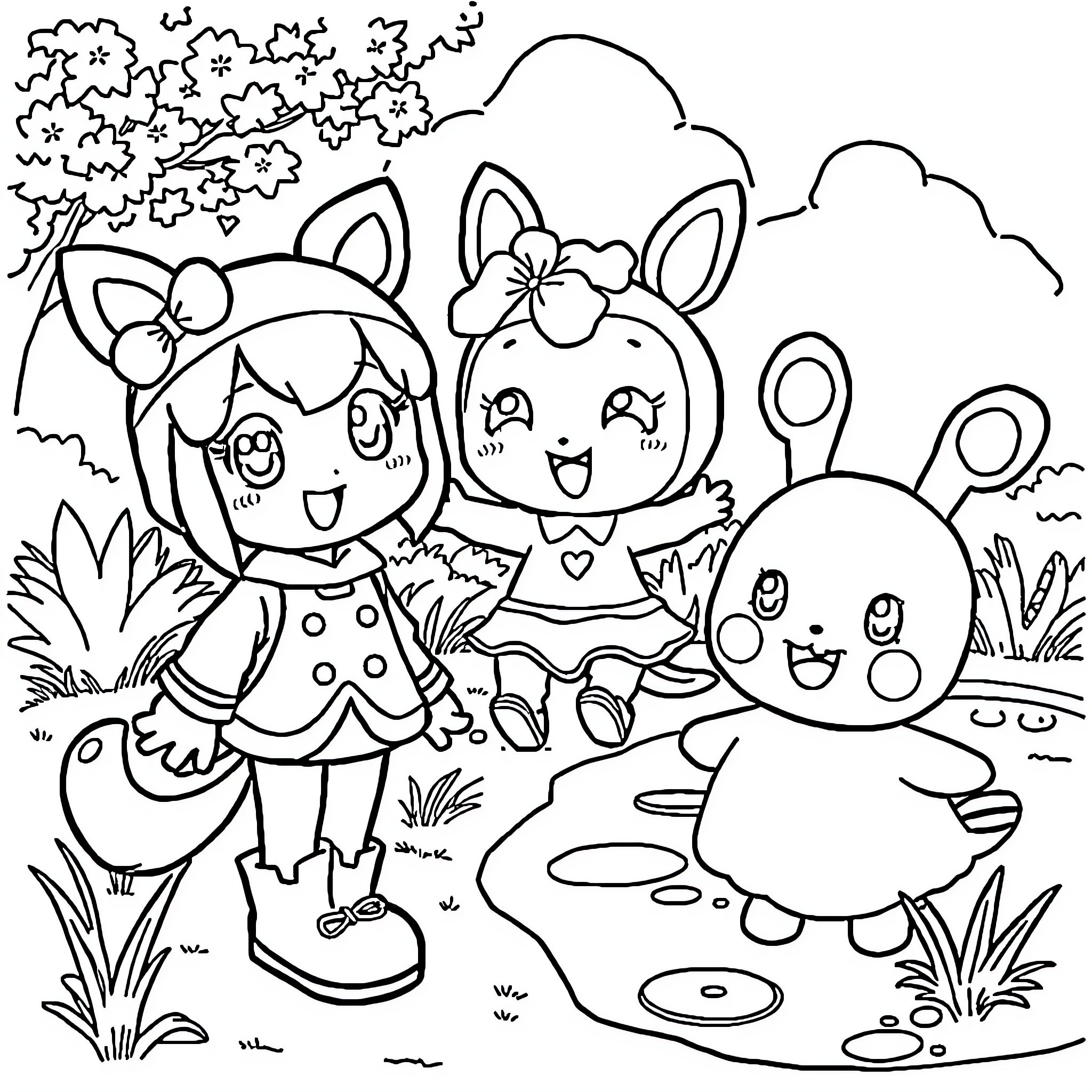 Kuromi and Friends Enjoying Nature Coloring Page (free black-and-white line drawing printable PDF for all, from beginners to advanced learners, including children, teens, adults, and seniors)