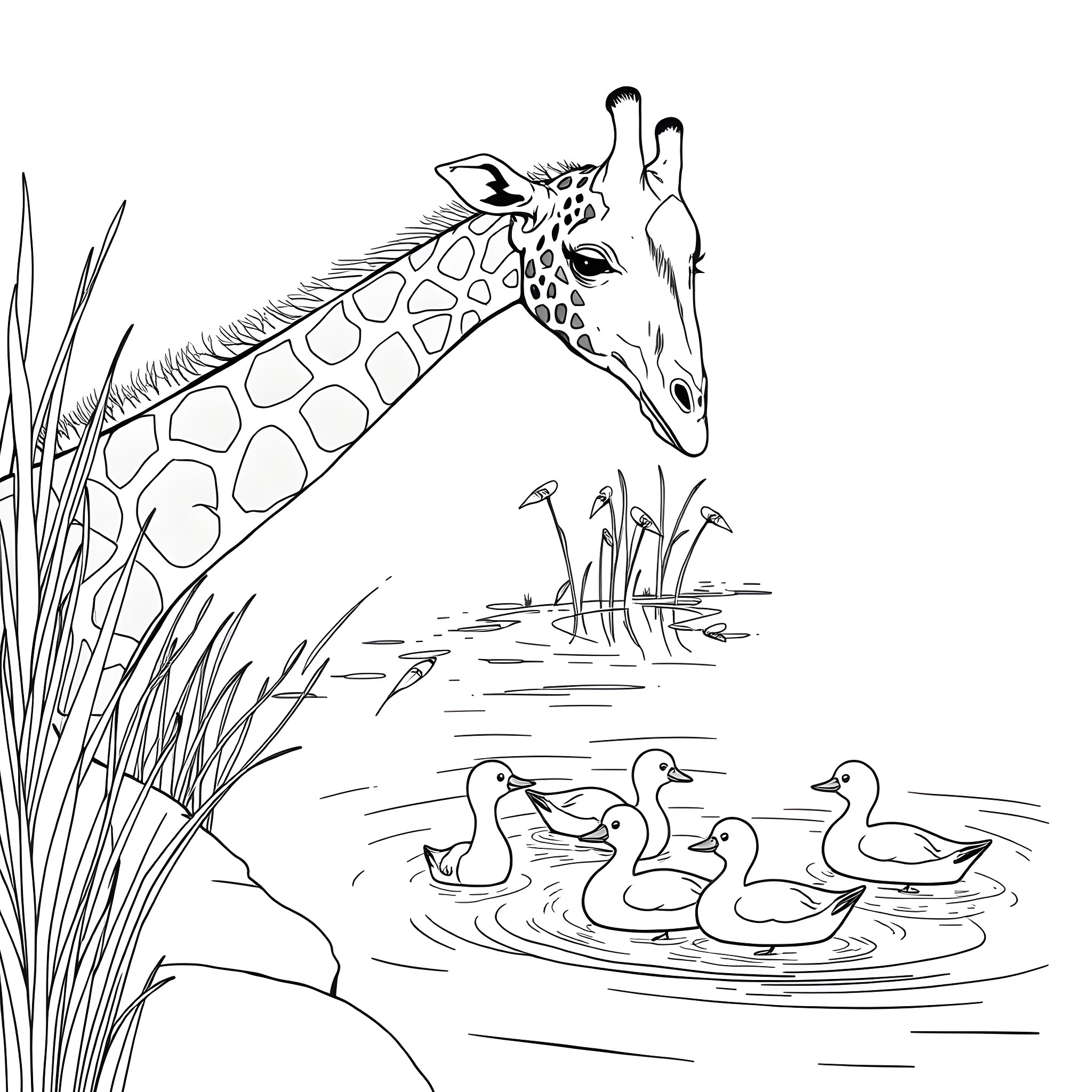 Giraffe overlooking ducks in pond Coloring Page (free black-and-white line drawing printable PDF for all, from beginners to advanced learners, including children, teens, adults, and seniors)