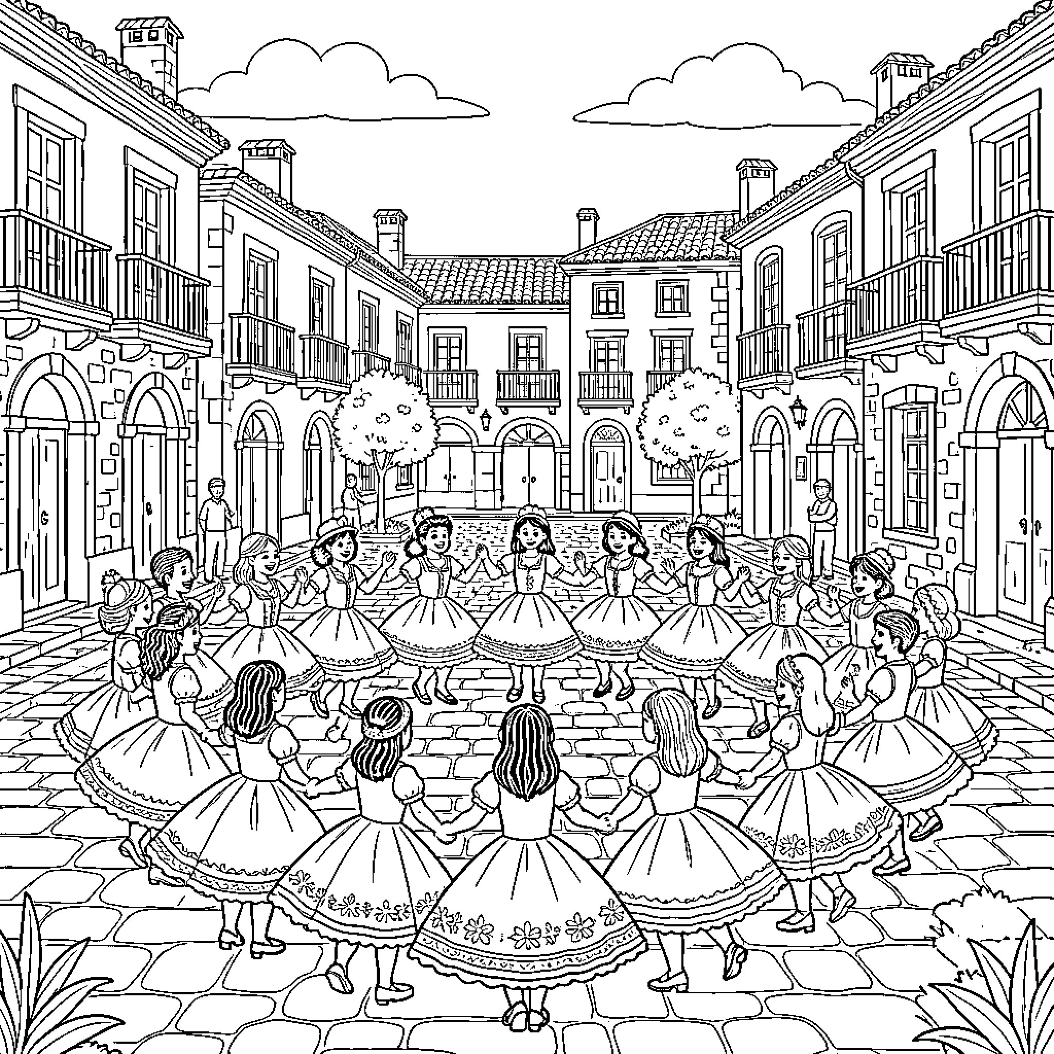 Chico's Festive Dance in the Town Square Coloring Page (free black-and-white line drawing printable PDF for all, from beginners to advanced learners, including children, teens, adults, and seniors)