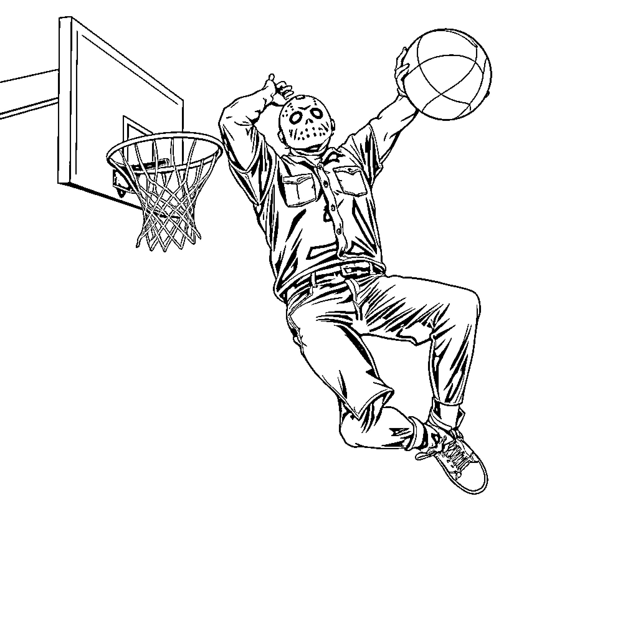 Jason Voorhees playing basketball with scary expression Coloring Page (free black-and-white line drawing printable PDF for all, from beginners to advanced learners, including children, teens, adults, and seniors)