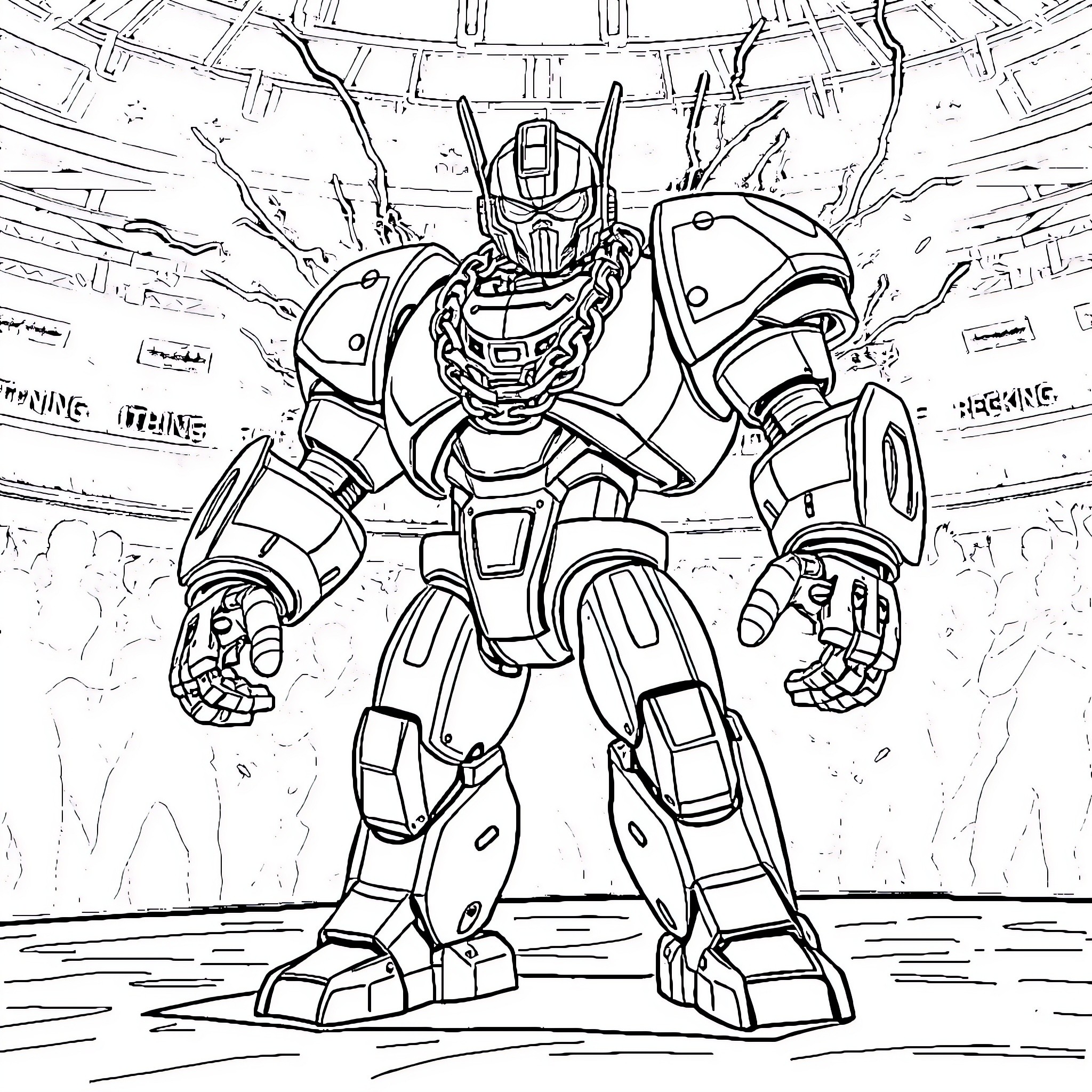 Robot Warrior in Battle Stance Coloring Page (free black-and-white line drawing printable PDF for all, from beginners to advanced learners, including children, teens, adults, and seniors)