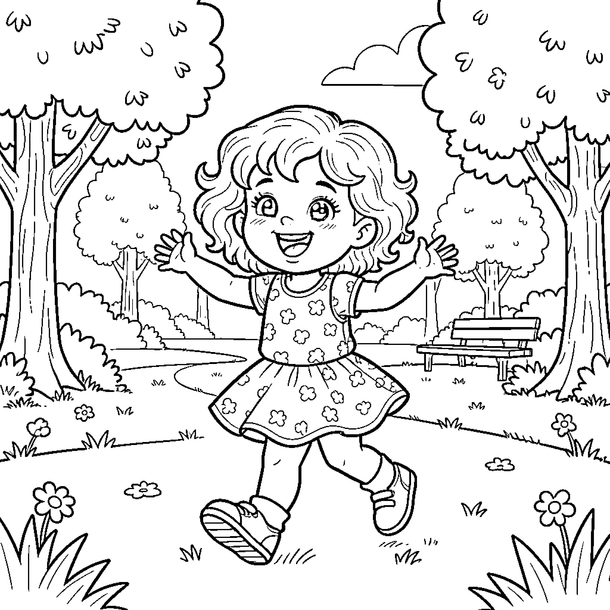 Bebe girl happily playing in nature Coloring Page (free black-and-white line drawing printable PDF for all, from beginners to advanced learners, including children, teens, adults, and seniors)