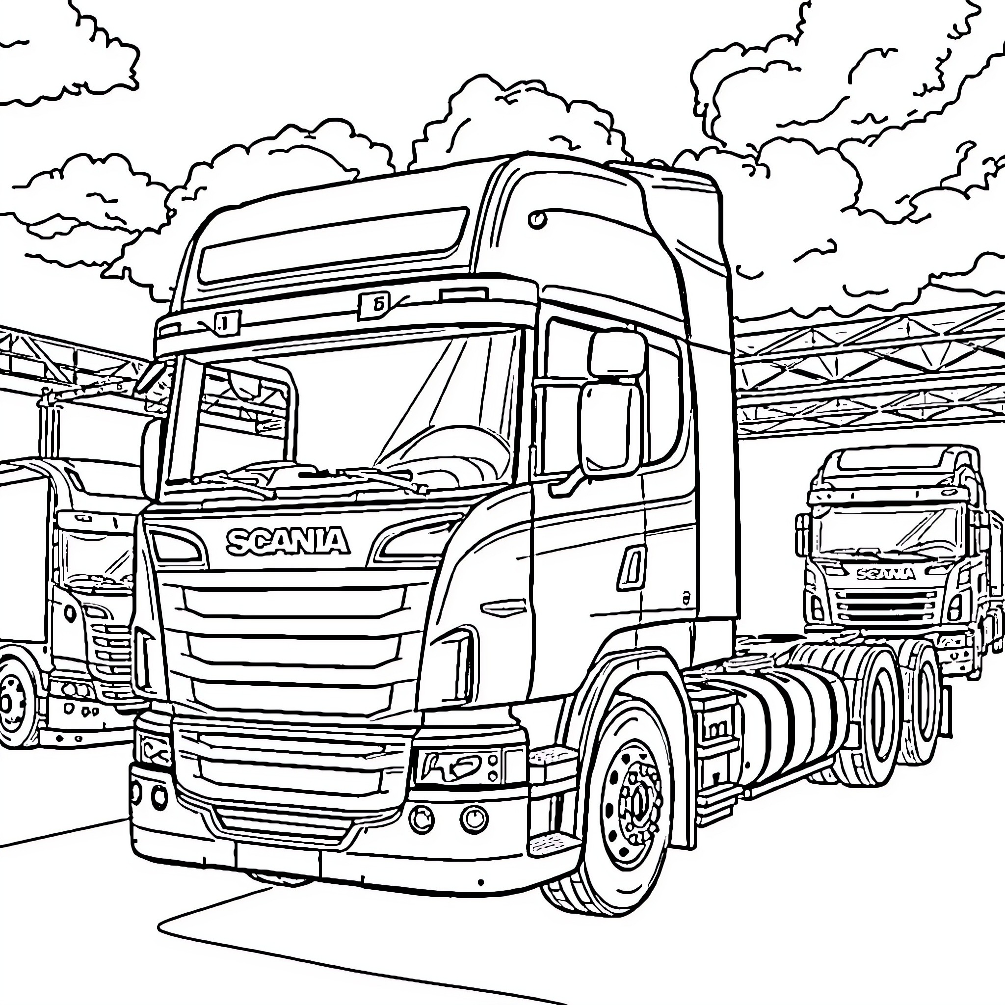 Scania Trucks in Scenic Outdoor Setting Coloring Page (free black-and-white line drawing printable PDF for all, from beginners to advanced learners, including children, teens, adults, and seniors)