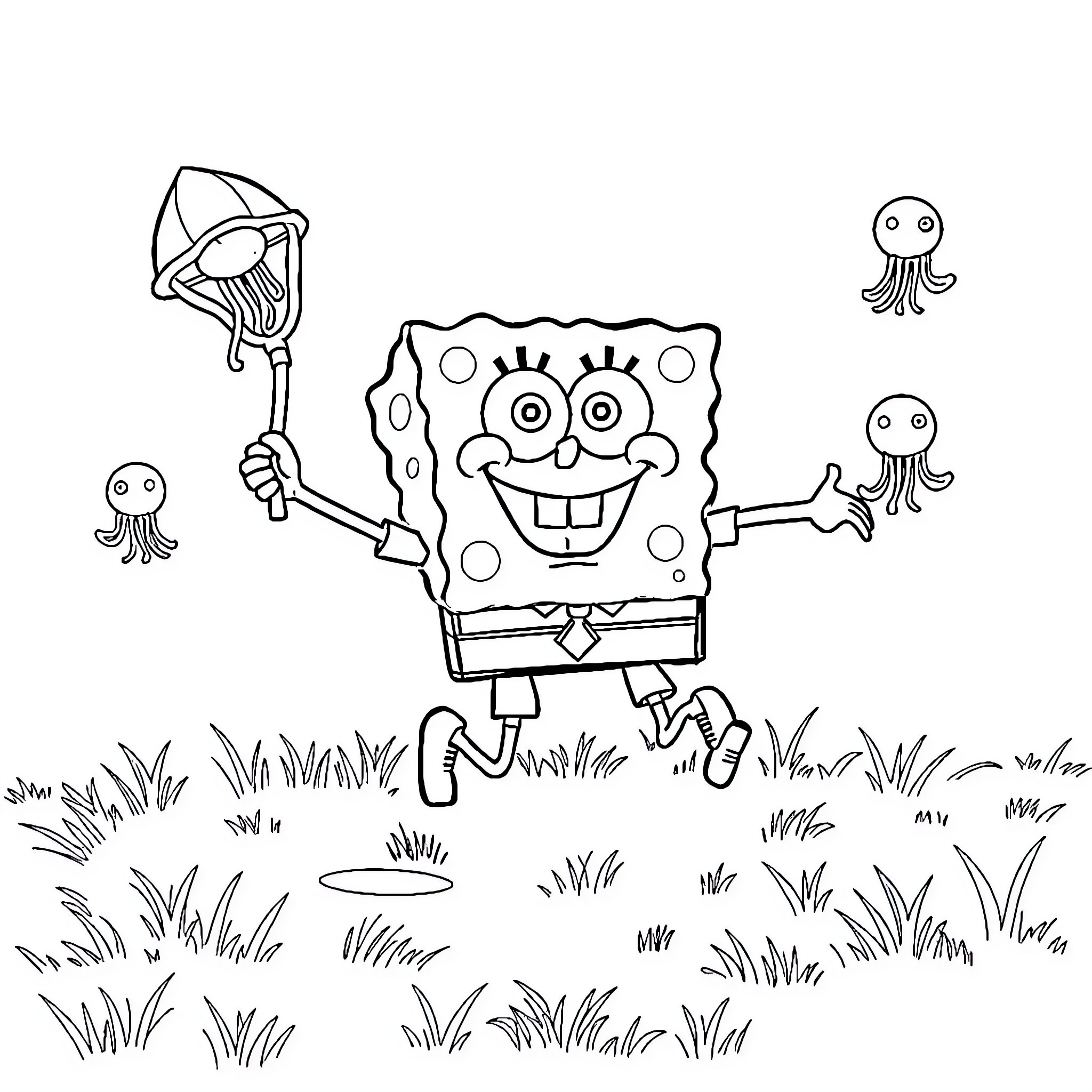 Spongebob happily running in the grass with jellyfish Coloring Page (free black-and-white line drawing printable PDF for all, from beginners to advanced learners, including children, teens, adults, and seniors)
