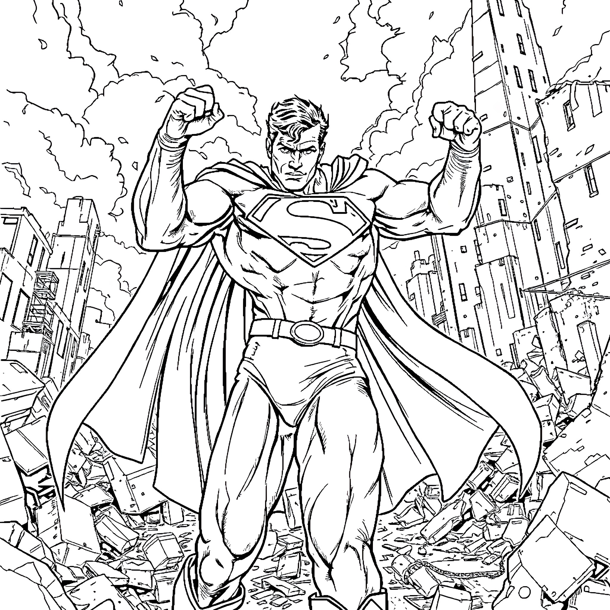 Superman saving the city in action Coloring Page (free black-and-white line drawing printable PDF for all, from beginners to advanced learners, including children, teens, adults, and seniors)