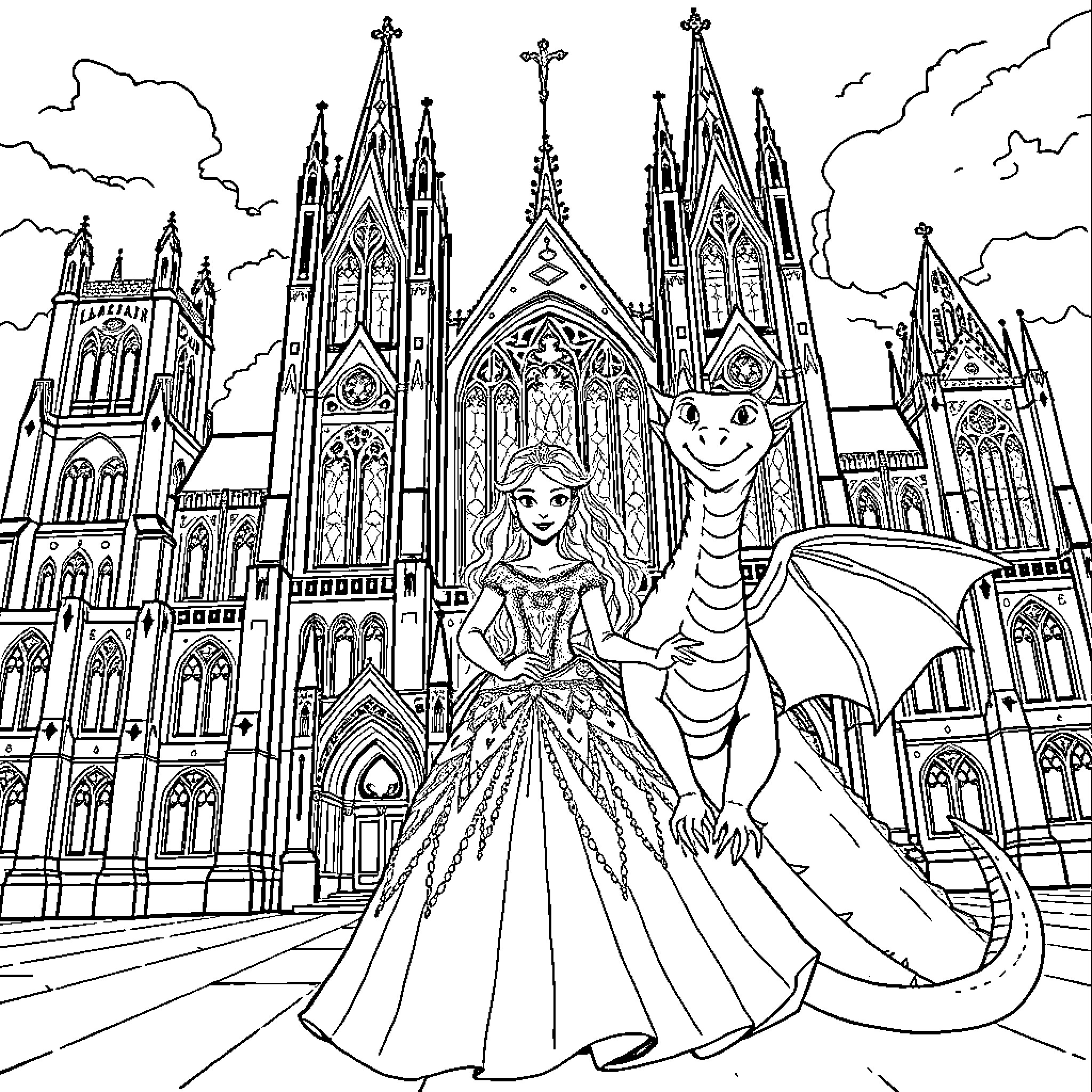 Princess in Majestic Castle with Dragon Companion Coloring Page (free black-and-white line drawing printable PDF for all, from beginners to advanced learners, including children, teens, adults, and seniors)