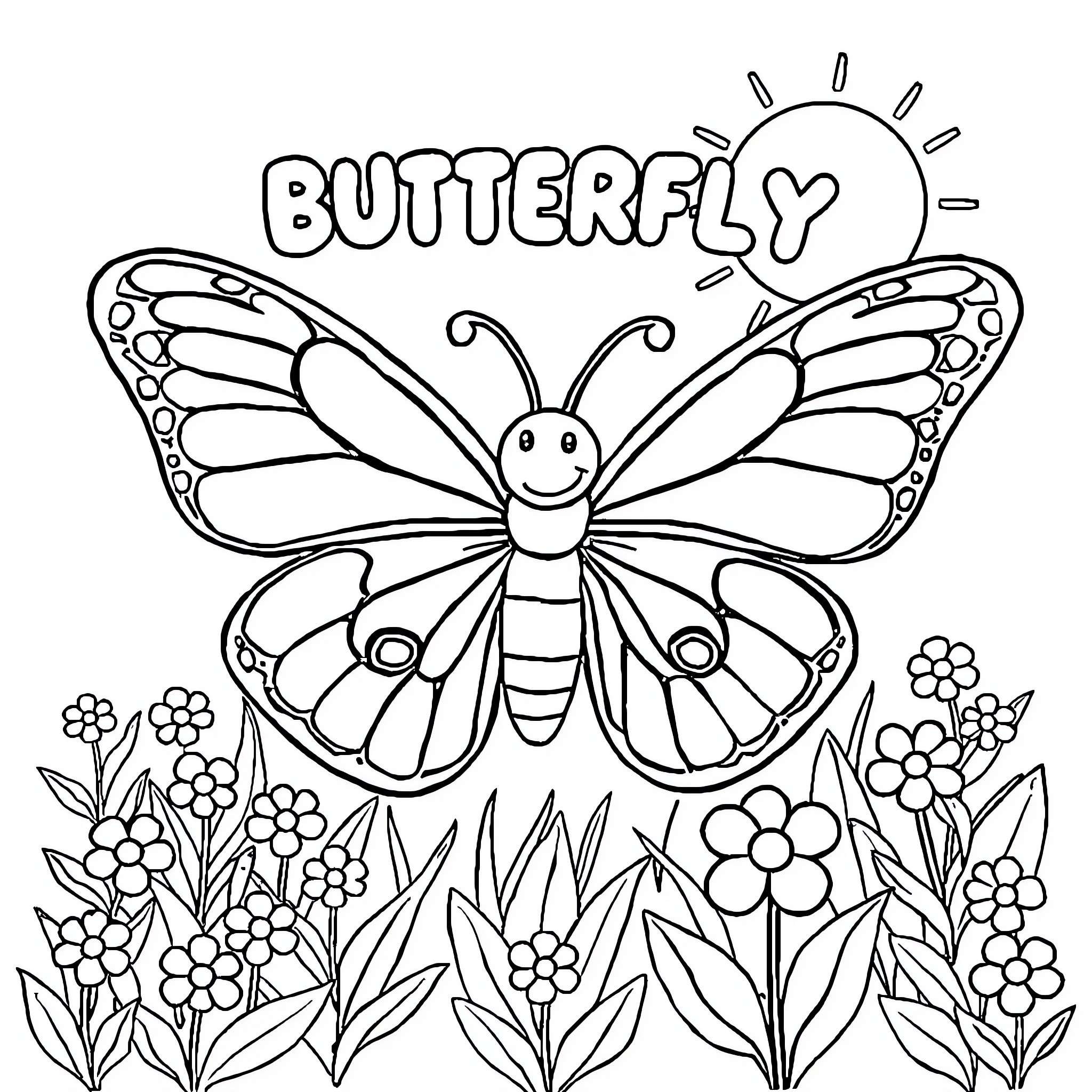 Butterfly resting among colorful flowers Coloring Page (free black-and-white line drawing printable PDF for all, from beginners to advanced learners, including children, teens, adults, and seniors)