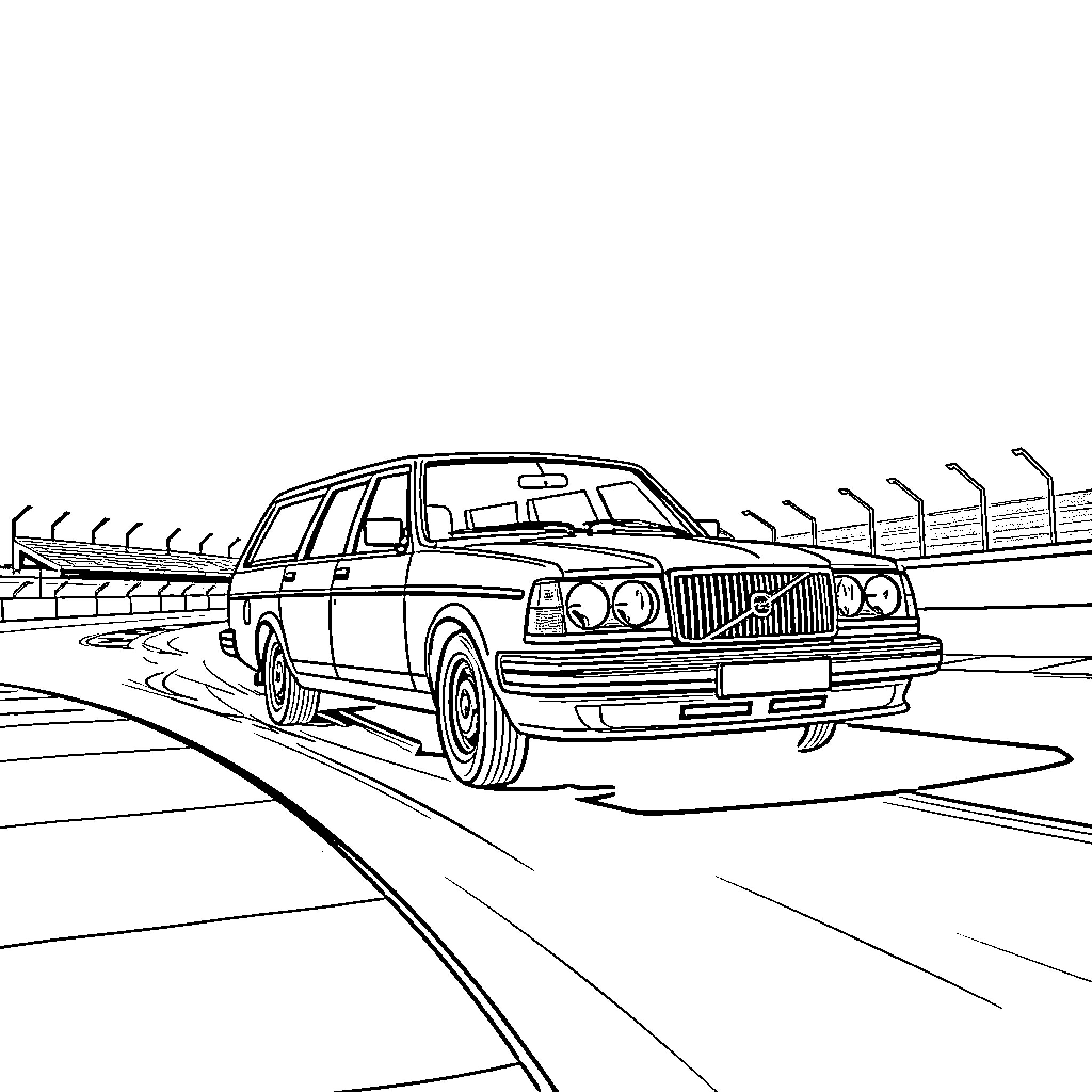 Volvo station wagon on the highway Coloring Page (free black-and-white line drawing printable PDF for all, from beginners to advanced learners, including children, teens, adults, and seniors)