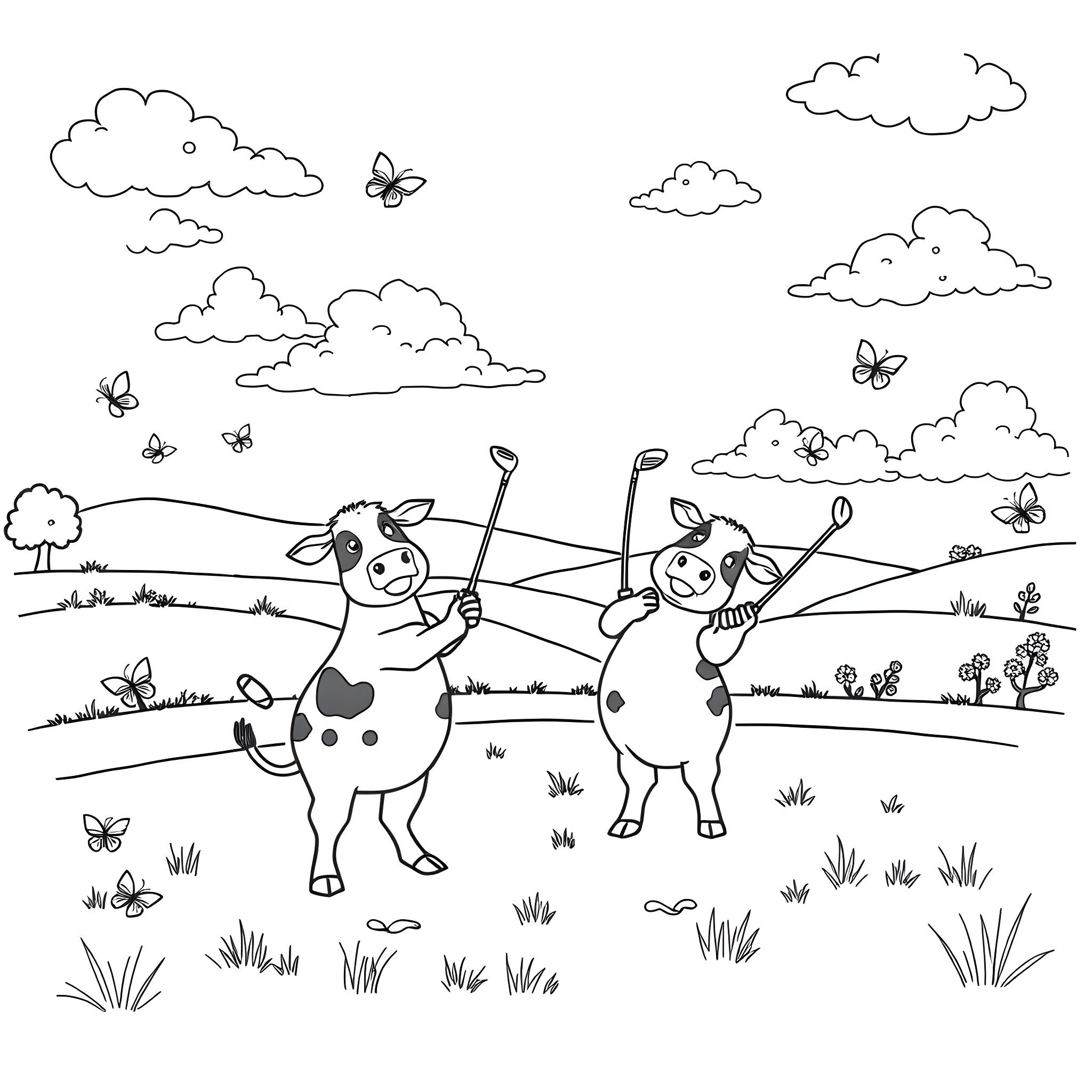 Cows enjoying a sunny day on the farm Coloring Page (free black-and-white line drawing printable PDF for all, from beginners to advanced learners, including children, teens, adults, and seniors)