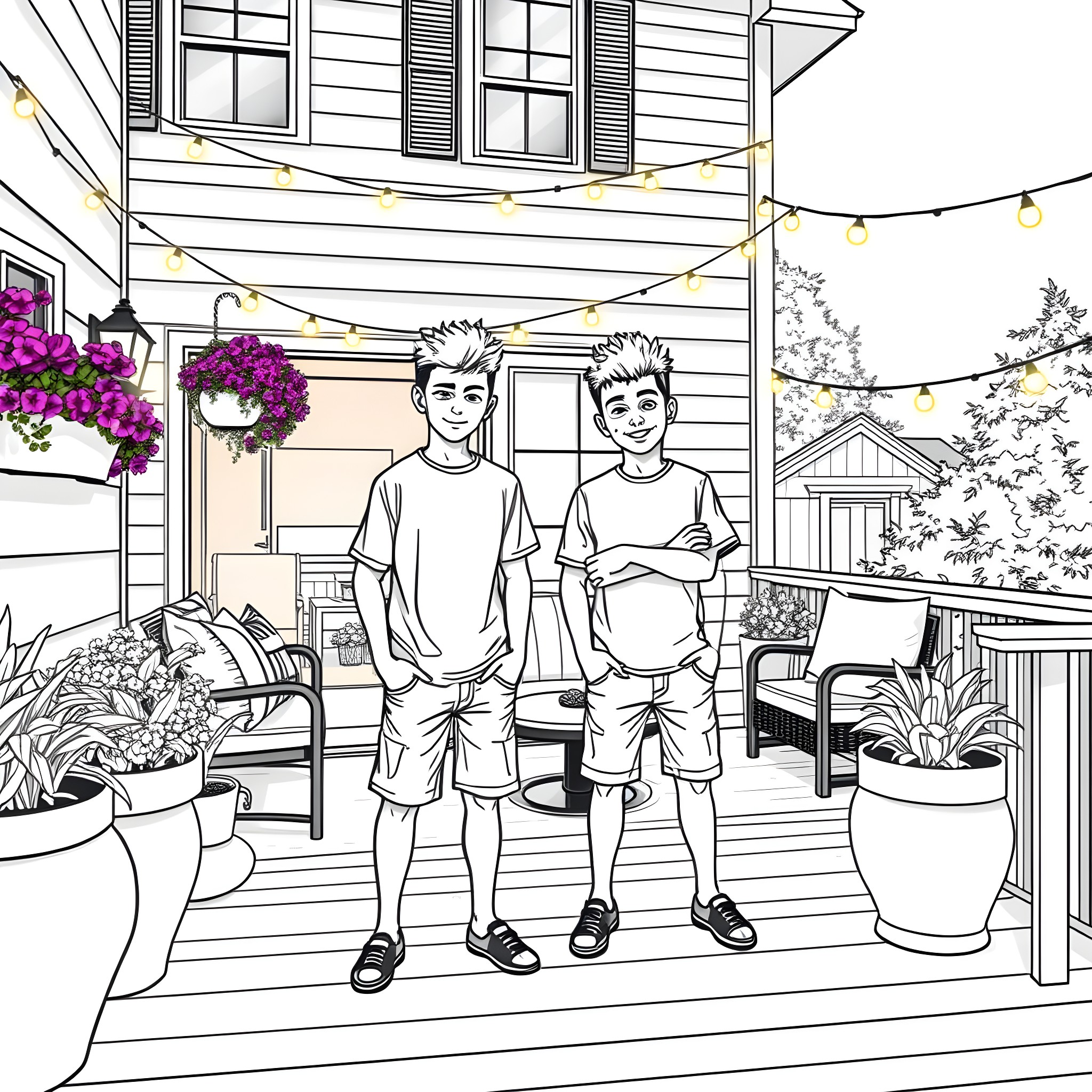 Teen Guys Enjoying Summer Evening on Porch Coloring Page (free black-and-white line drawing printable PDF for all, from beginners to advanced learners, including children, teens, adults, and seniors)