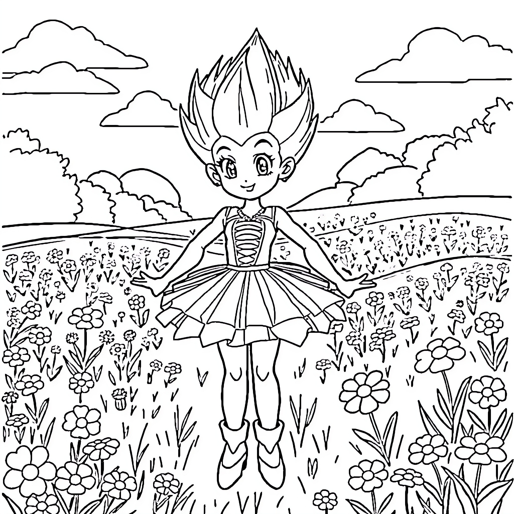 Vegeta dancing joyfully in a vibrant flower field Coloring Page (free black-and-white line drawing printable PDF for all, from beginners to advanced learners, including children, teens, adults, and seniors)