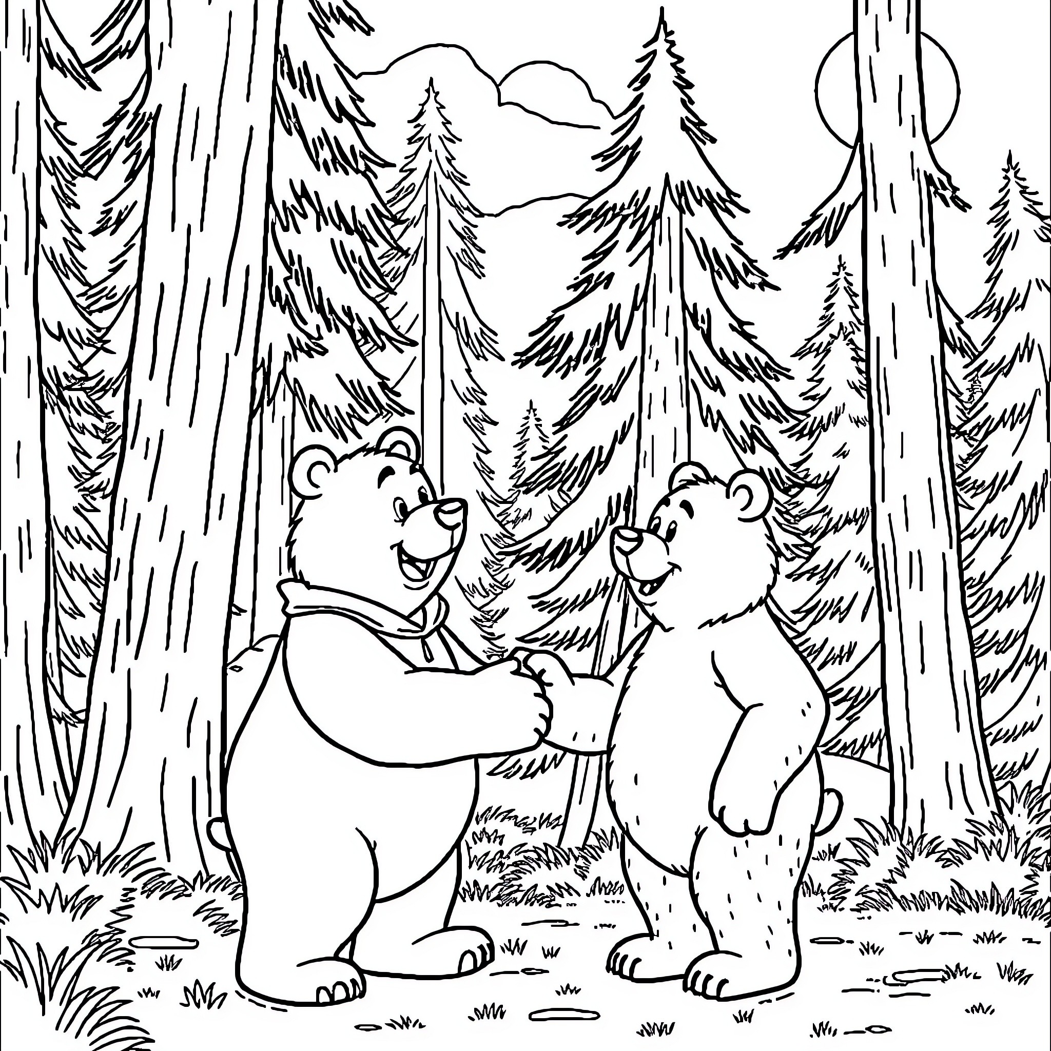 Bears playing in the forest Coloring Page (free black-and-white line drawing printable PDF for all, from beginners to advanced learners, including children, teens, adults, and seniors)