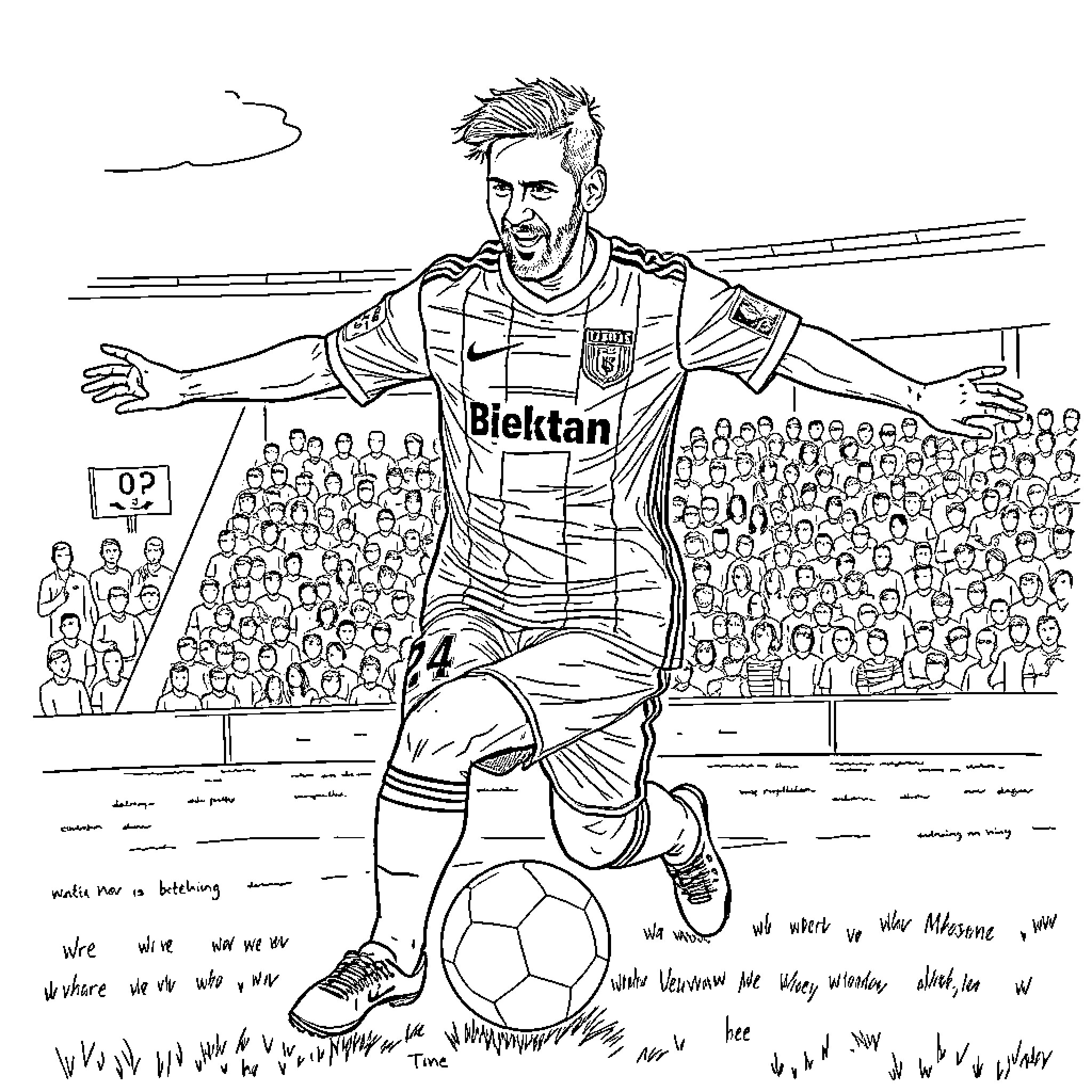 Messi celebrating after scoring a goal in a soccer match Coloring Page (free black-and-white line drawing printable PDF for all, from beginners to advanced learners, including children, teens, adults, and seniors)