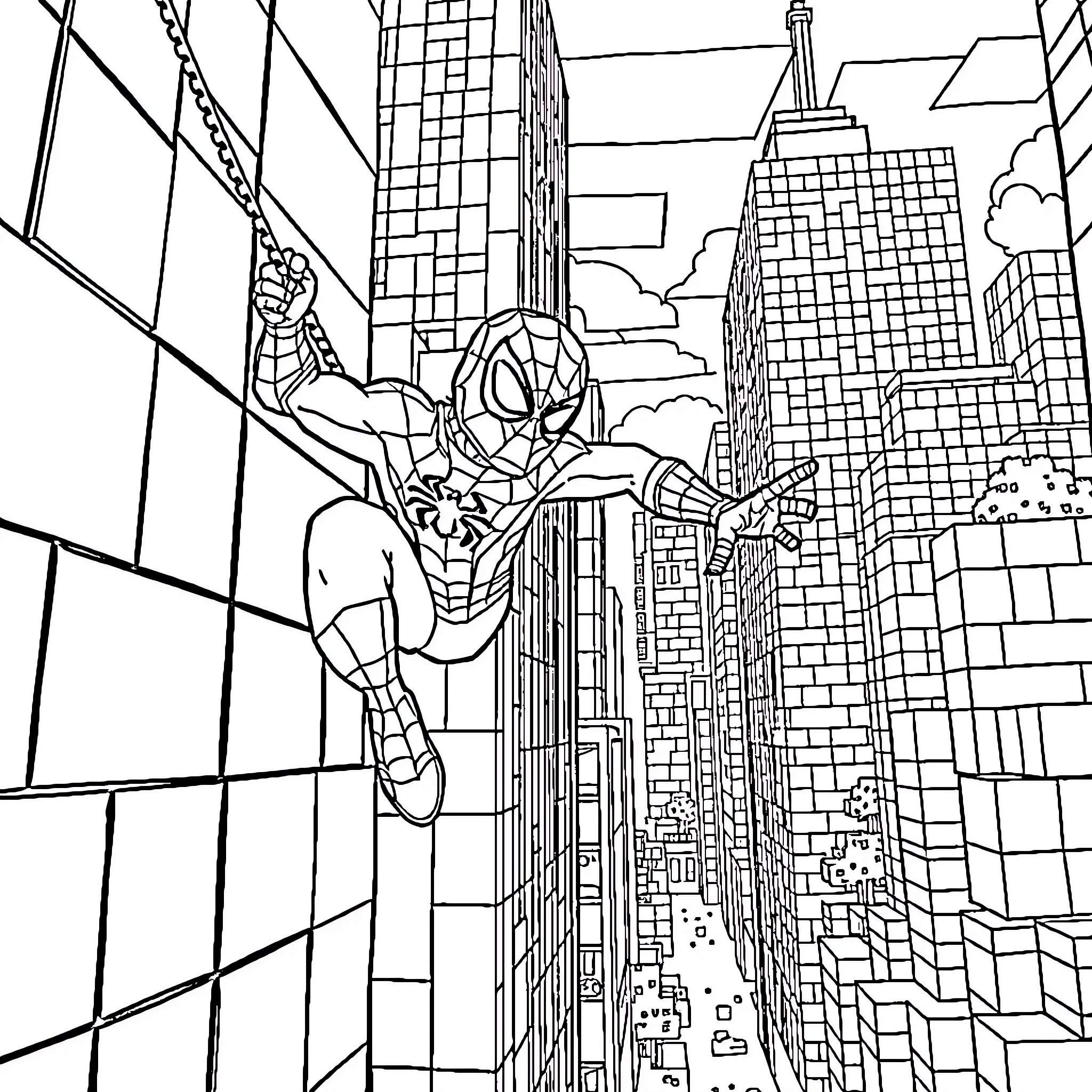 Spiderman swinging through the city skyline Coloring Page (free black-and-white line drawing printable PDF for all, from beginners to advanced learners, including children, teens, adults, and seniors)