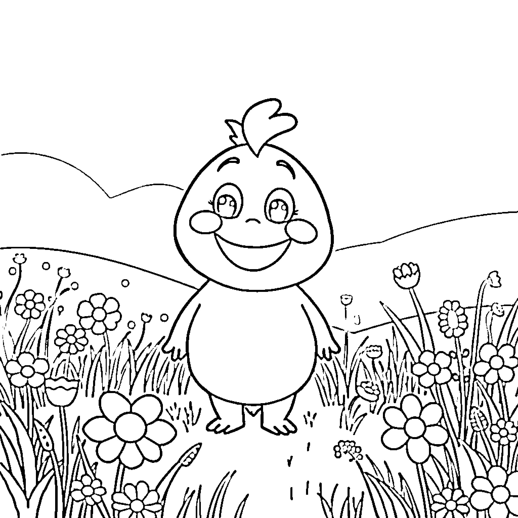 Iggle Piggle enjoying a sunny day in the meadow Coloring Page (free black-and-white line drawing printable PDF for all, from beginners to advanced learners, including children, teens, adults, and seniors)