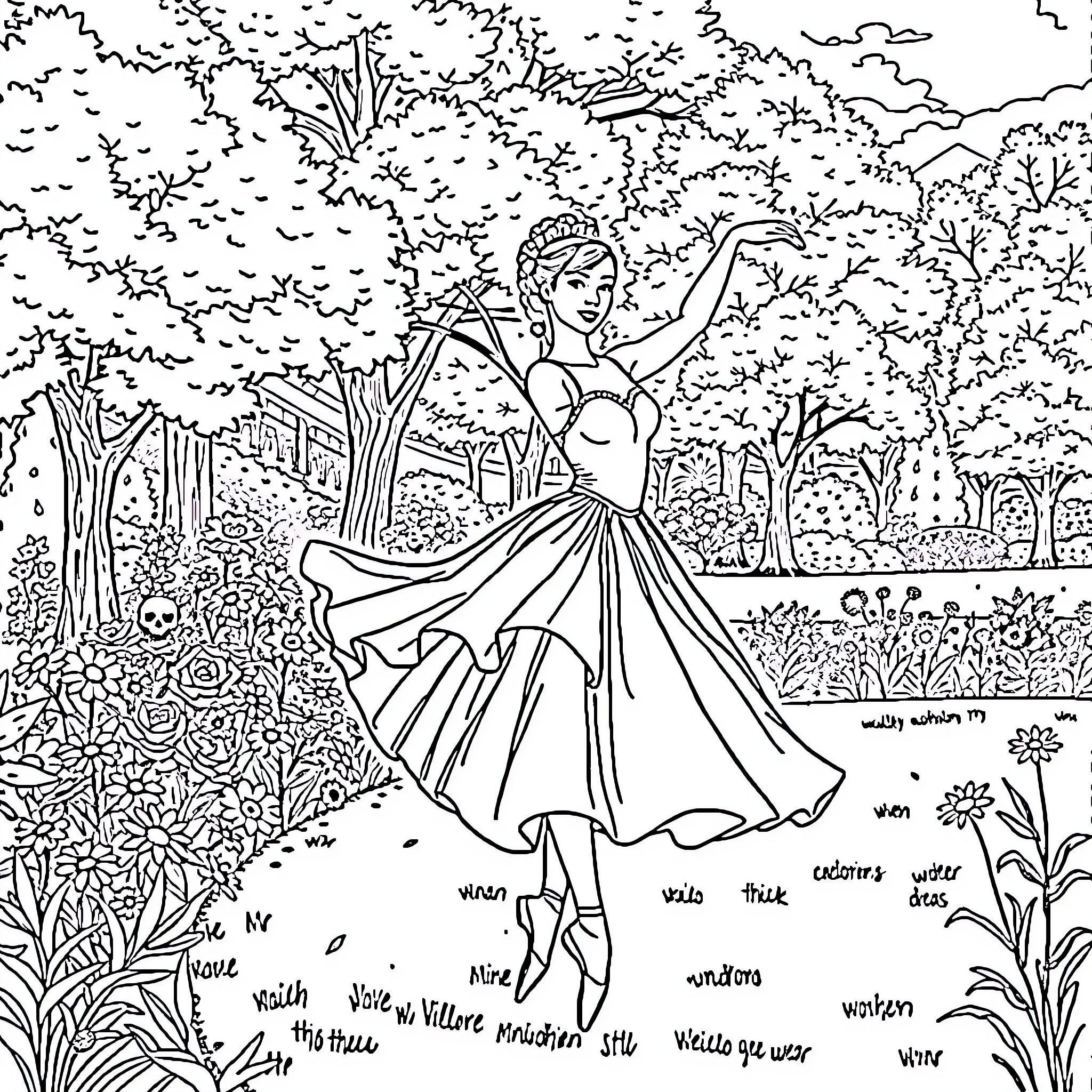 Ballerina dancing gracefully in a lush garden Coloring Page (free black-and-white line drawing printable PDF for all, from beginners to advanced learners, including children, teens, adults, and seniors)