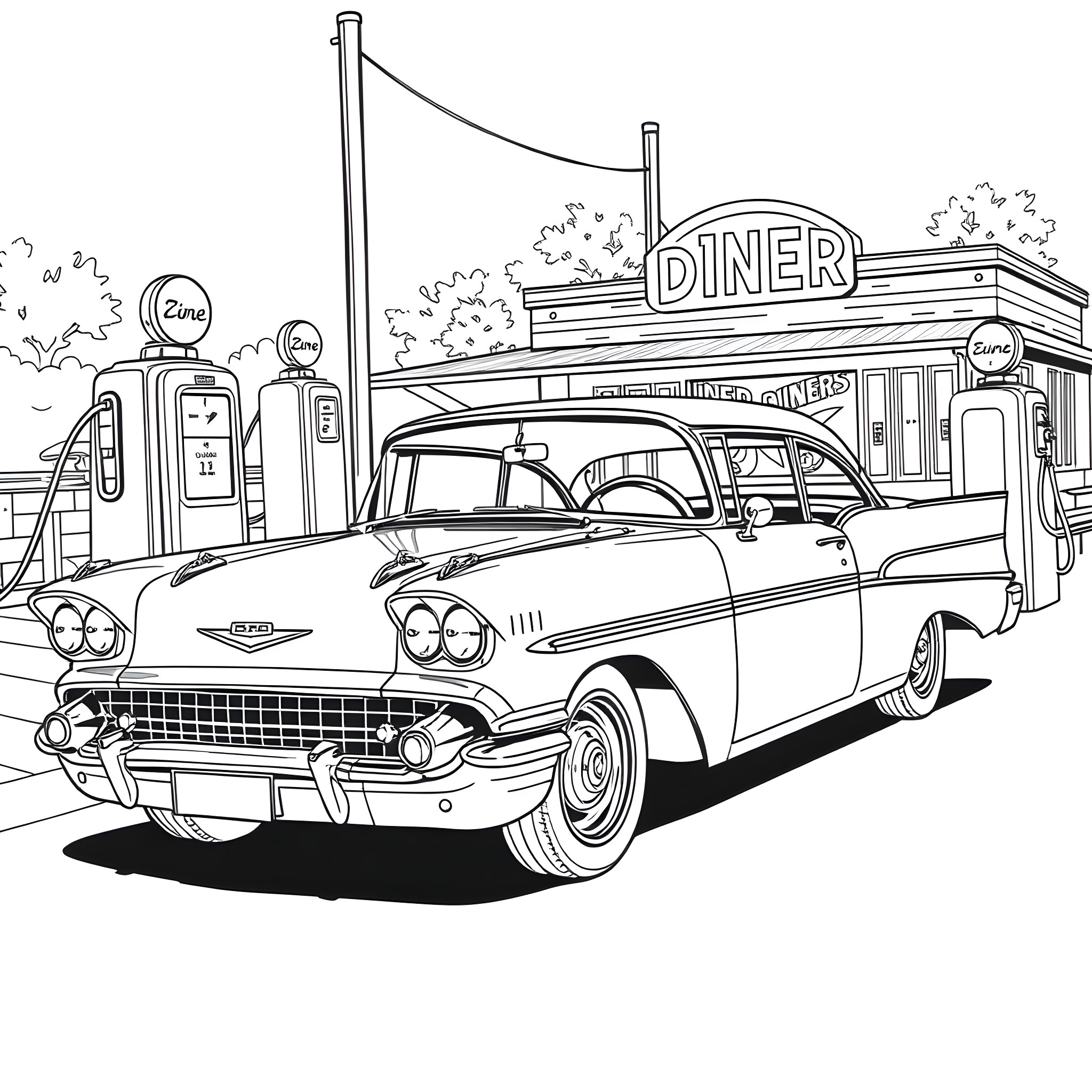 Chevy Classic Car at Retro Diner Coloring Page (free black-and-white line drawing printable PDF for all, from beginners to advanced learners, including children, teens, adults, and seniors)