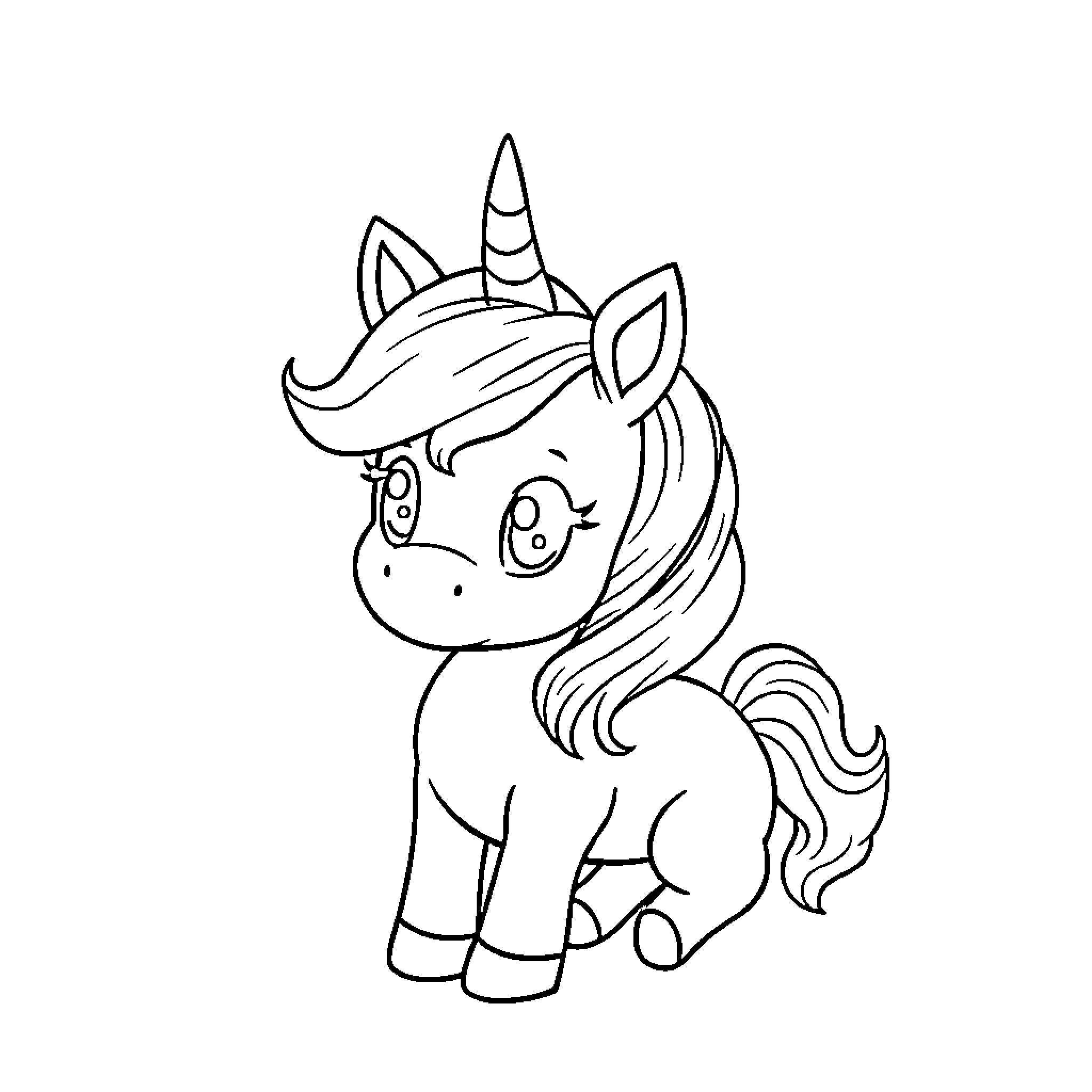 Baby Unicorn with Adorable Expression Coloring Page (free black-and-white line drawing printable PDF for all, from beginners to advanced learners, including children, teens, adults, and seniors)