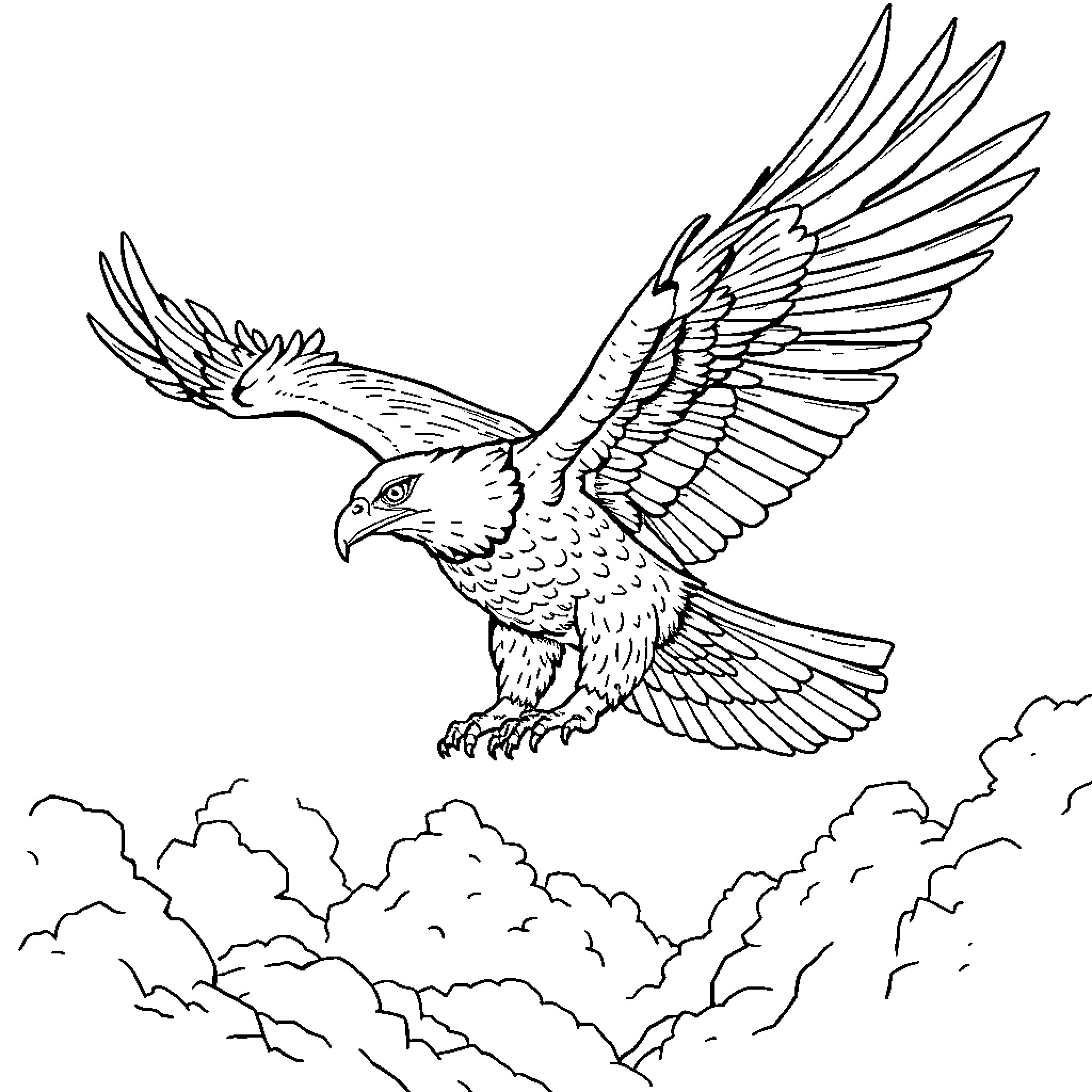 Eagle soaring through the cloudy skies Coloring Page (free black-and-white line drawing printable PDF for all, from beginners to advanced learners, including children, teens, adults, and seniors)