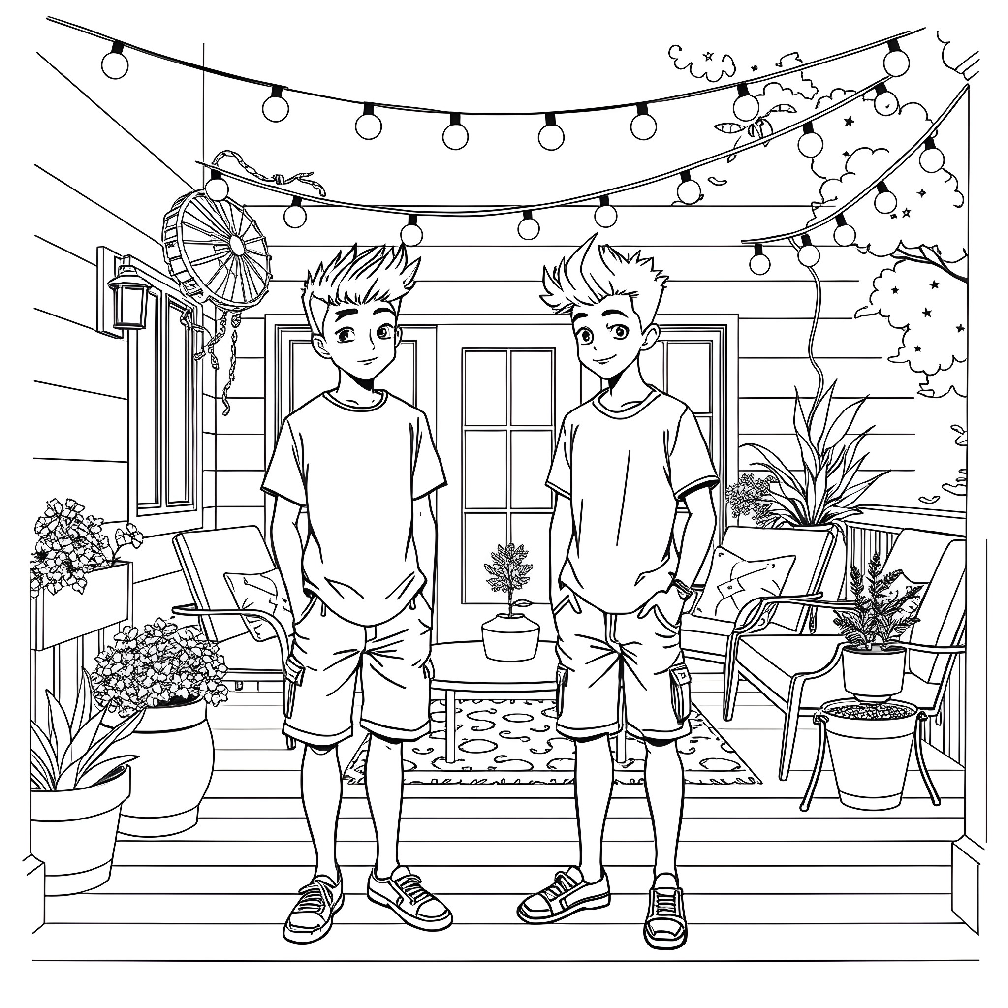 Teen Guys Enjoying Outdoor Patio Scene Coloring Page (free black-and-white line drawing printable PDF for all, from beginners to advanced learners, including children, teens, adults, and seniors)