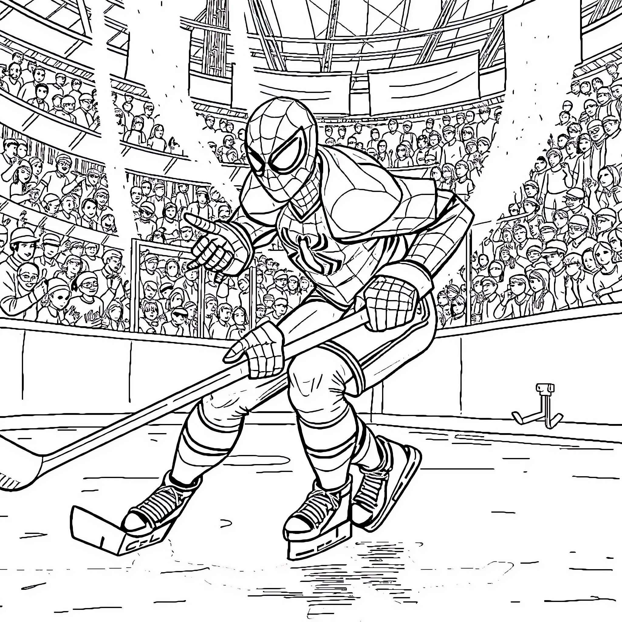 Spider-Man performing heroic actions on the ice rink Coloring Page (free black-and-white line drawing printable PDF for all, from beginners to advanced learners, including children, teens, adults, and seniors)