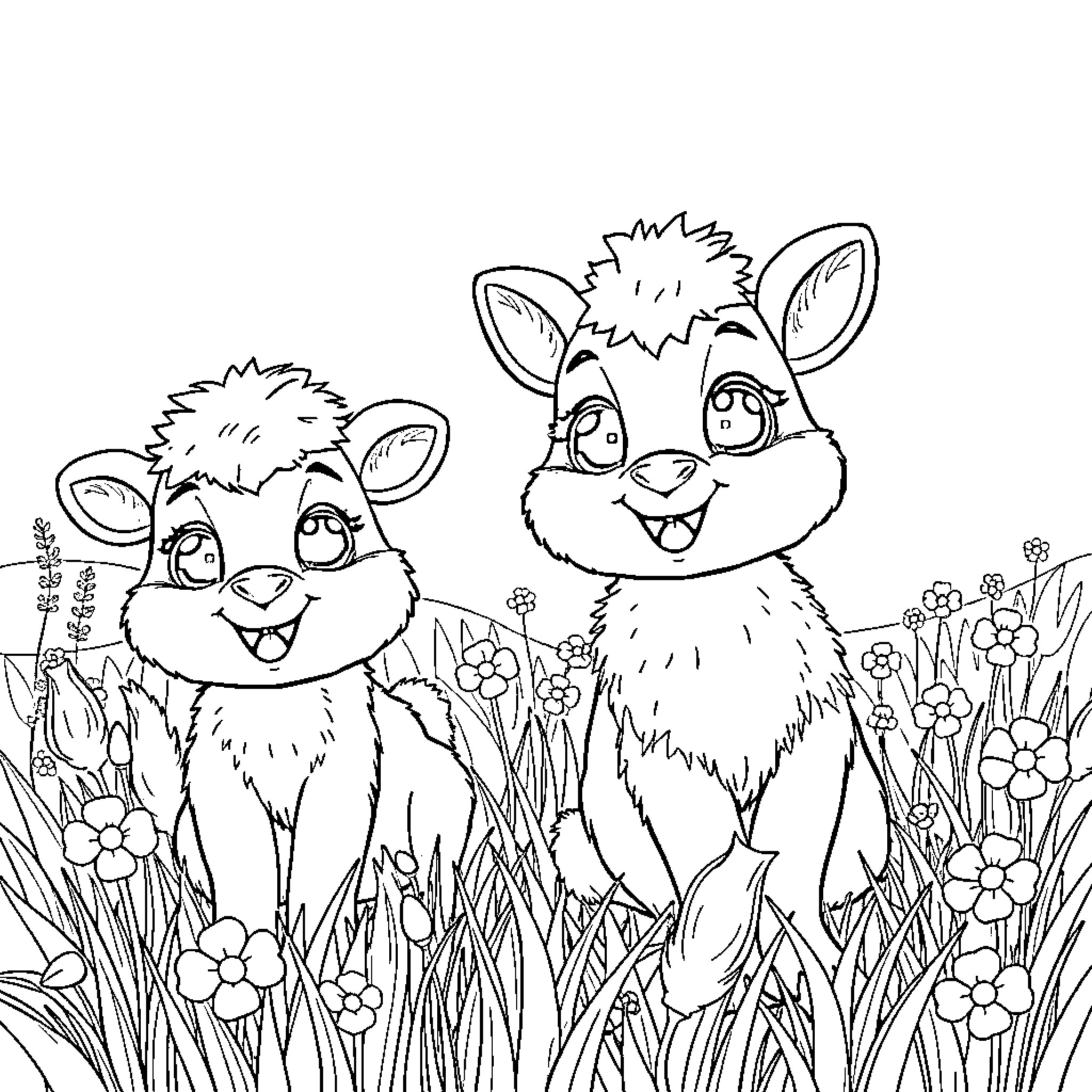 Animal friends frolicking in a flower field Coloring Page (free black-and-white line drawing printable PDF for all, from beginners to advanced learners, including children, teens, adults, and seniors)