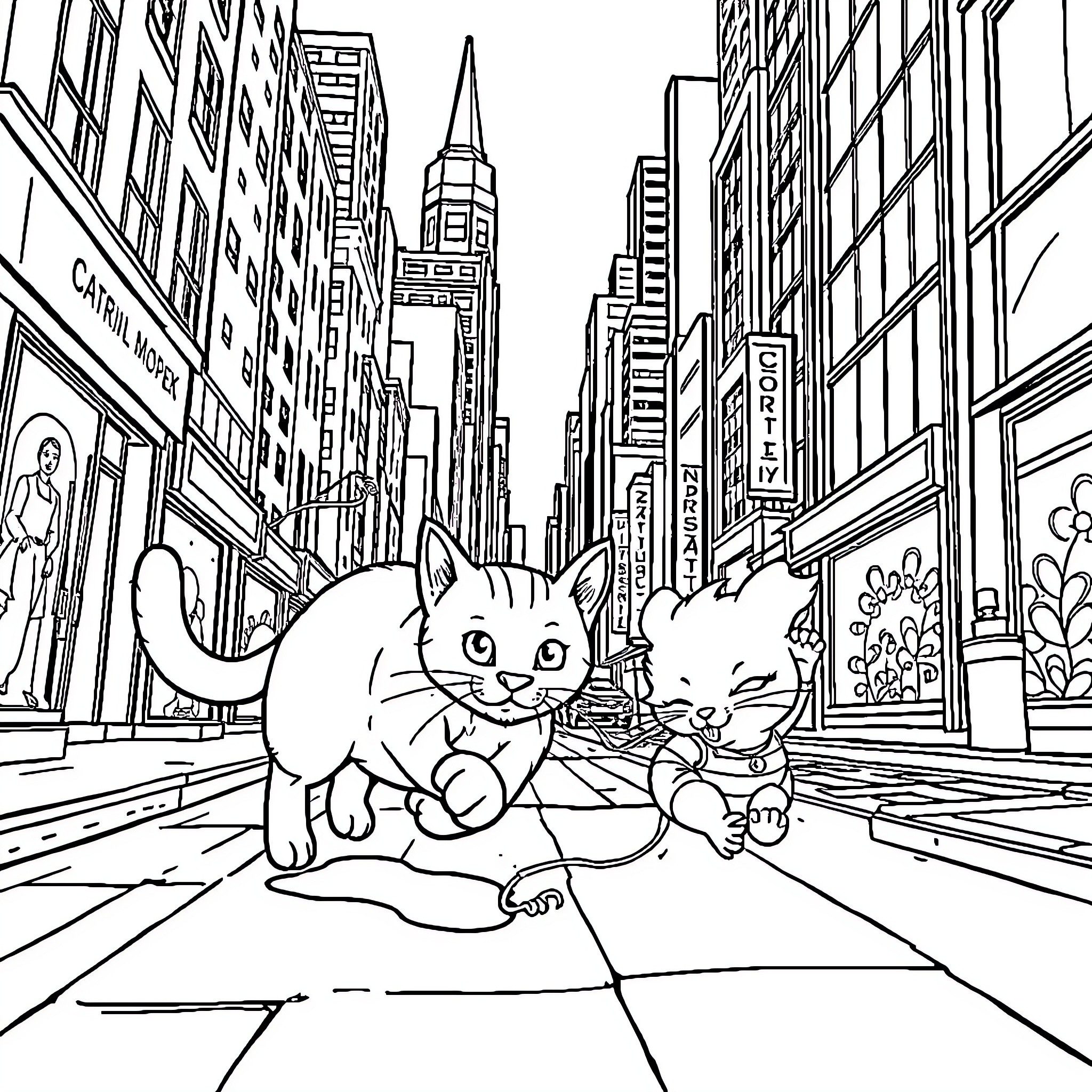 Cats Exploring the City Streets Coloring Page (free black-and-white line drawing printable PDF for all, from beginners to advanced learners, including children, teens, adults, and seniors)