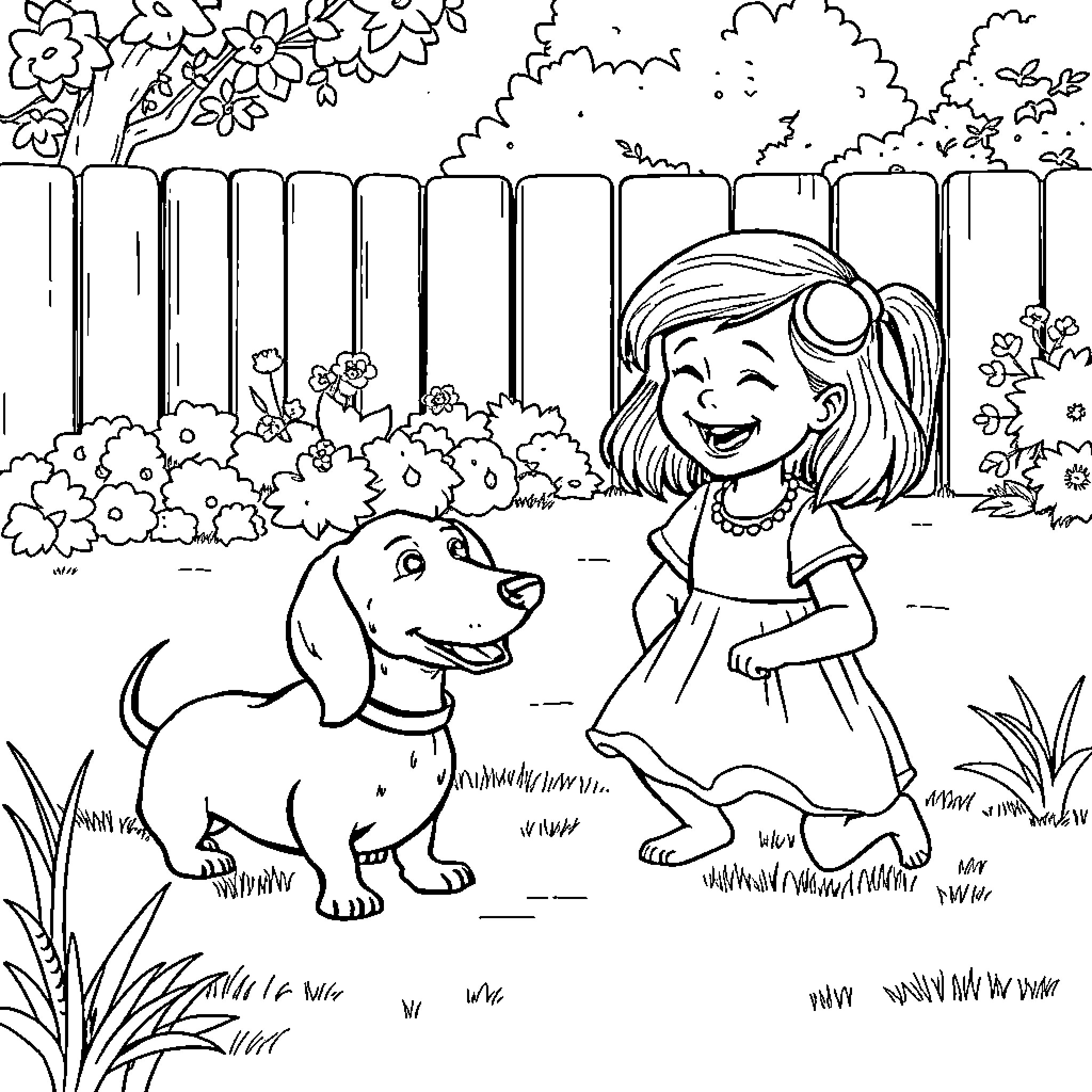 Girl playing with her loyal pet dog in the garden Coloring Page (free black-and-white line drawing printable PDF for all, from beginners to advanced learners, including children, teens, adults, and seniors)