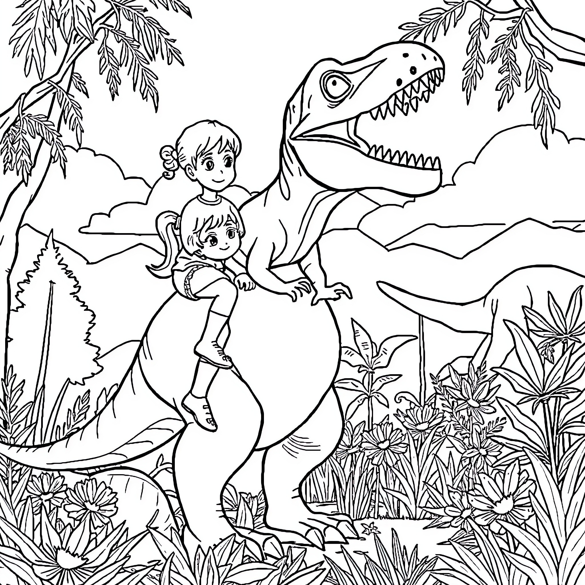 Dinosaur Encounter: Children Explore Prehistoric World Coloring Page (free black-and-white line drawing printable PDF for all, from beginners to advanced learners, including children, teens, adults, and seniors)