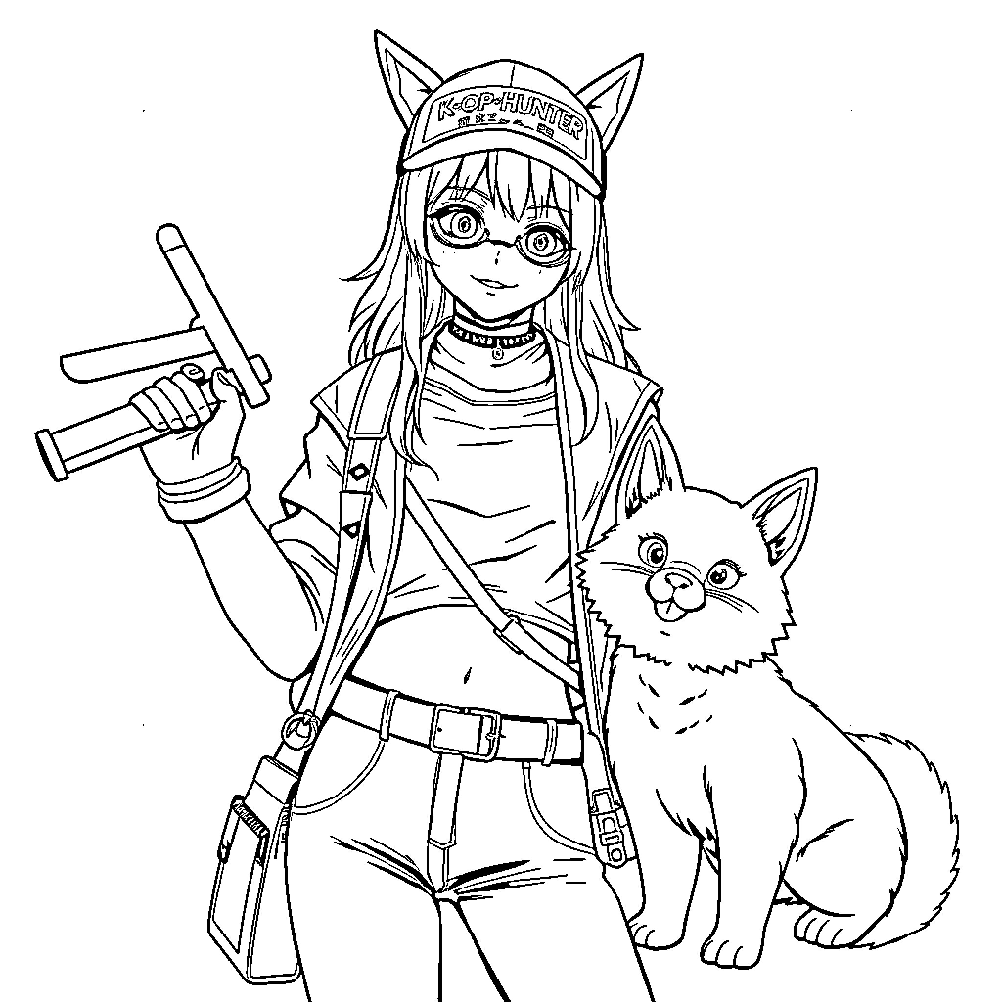 Hunter with Feline Companion in Action Coloring Page (free black-and-white line drawing printable PDF for all, from beginners to advanced learners, including children, teens, adults, and seniors)