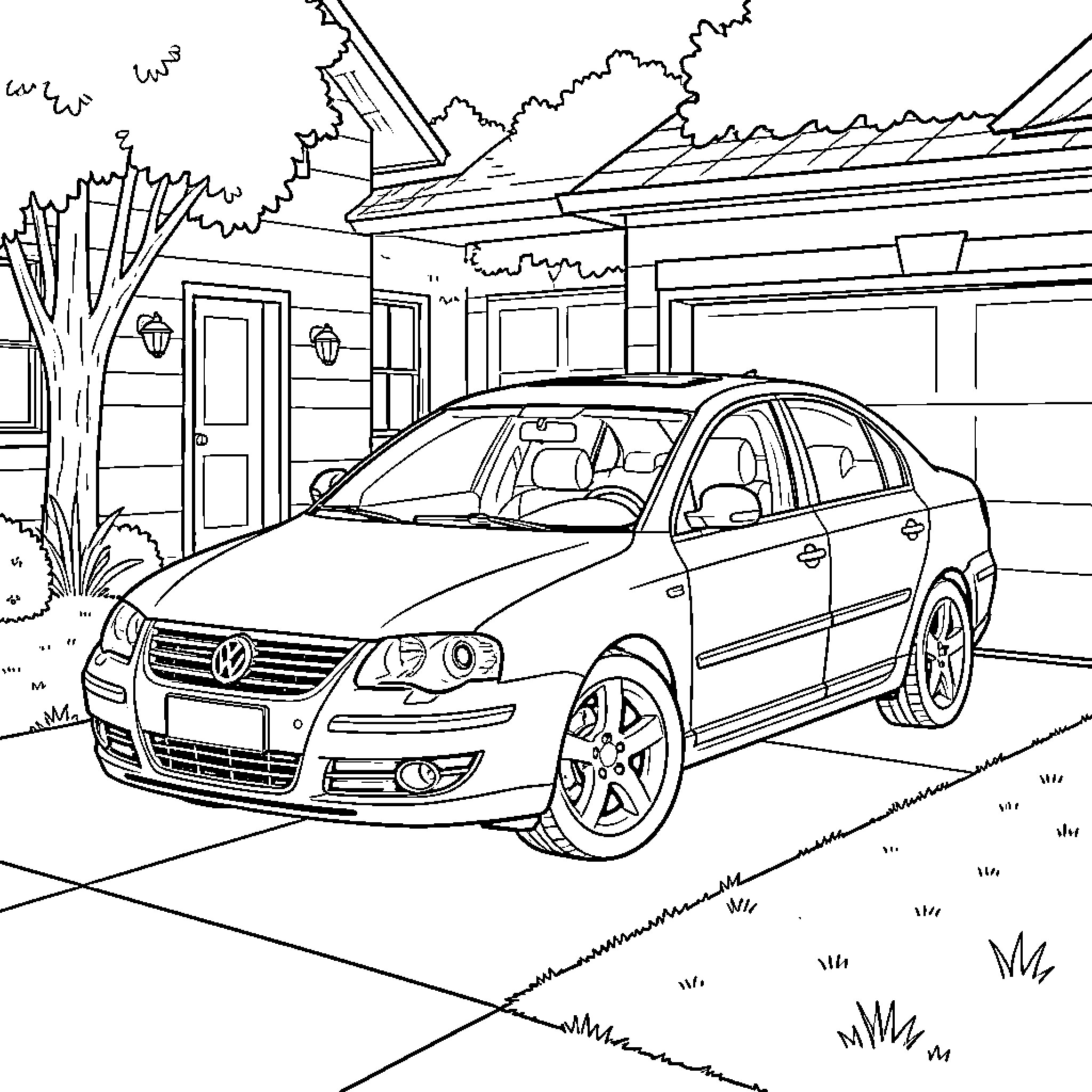 Volkswagen sedan parked in a residential driveway Coloring Page (free black-and-white line drawing printable PDF for all, from beginners to advanced learners, including children, teens, adults, and seniors)
