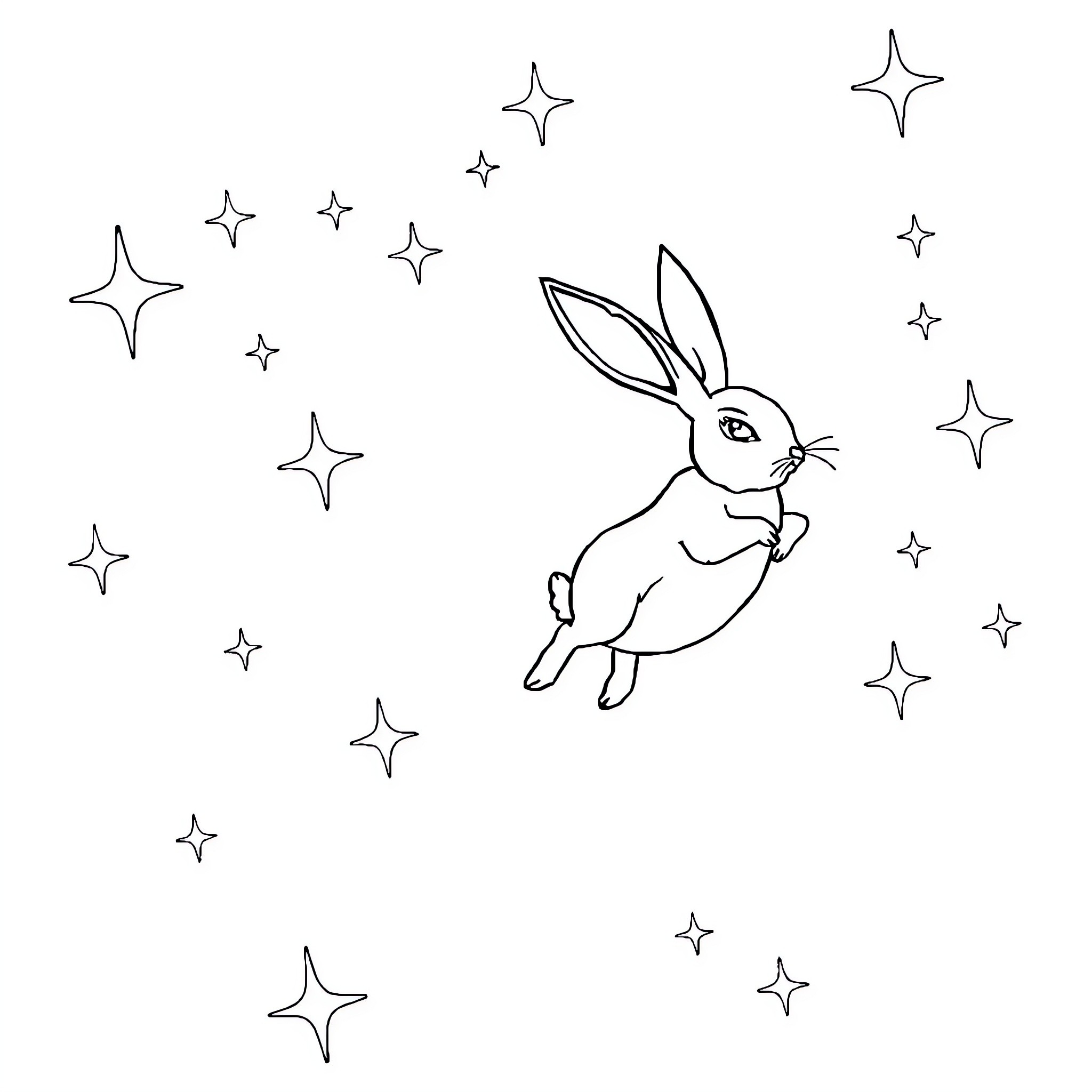 Rabbit soaring among the stars Coloring Page (free black-and-white line drawing printable PDF for all, from beginners to advanced learners, including children, teens, adults, and seniors)