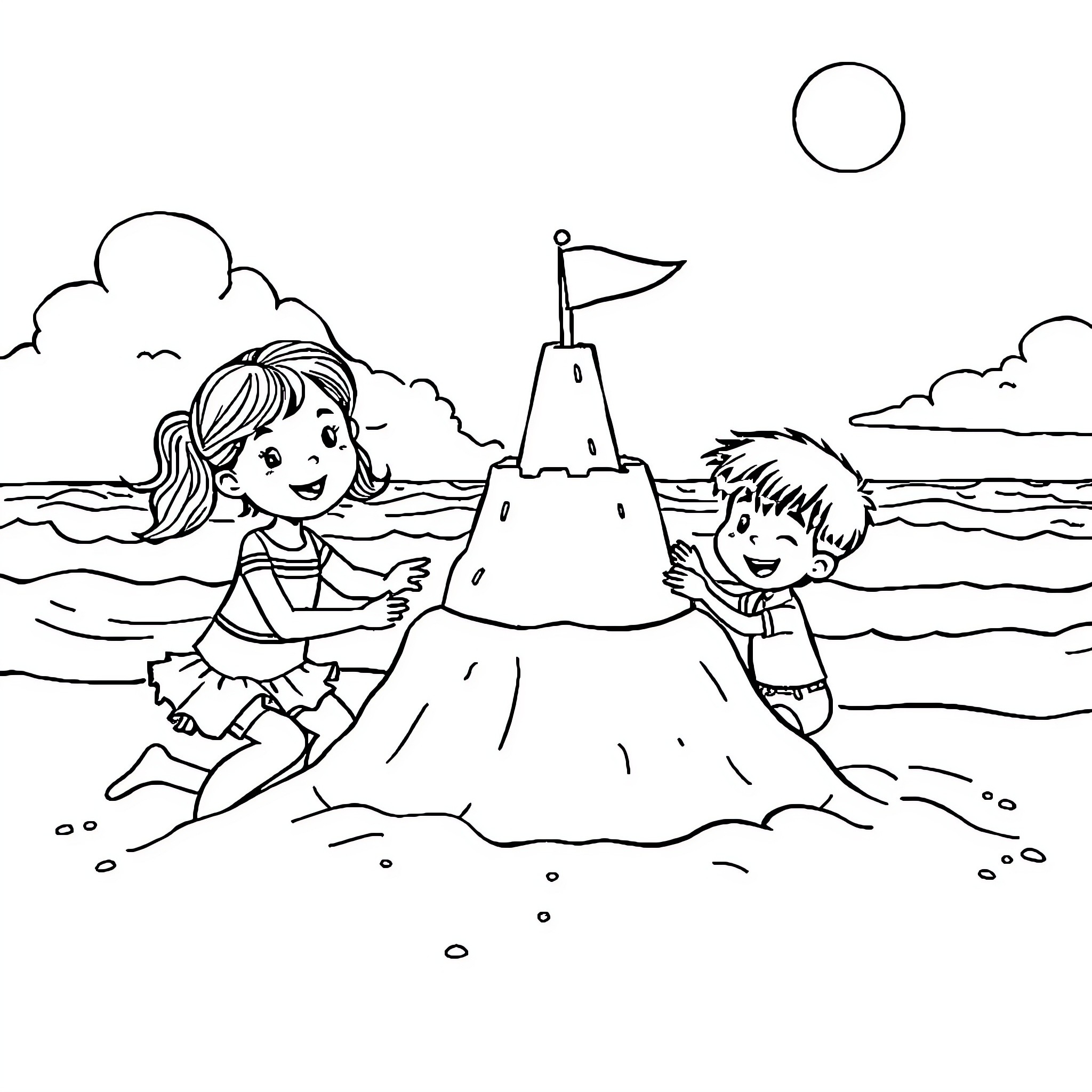 Child building sandcastle with friend at the beach Coloring Page (free black-and-white line drawing printable PDF for all, from beginners to advanced learners, including children, teens, adults, and seniors)