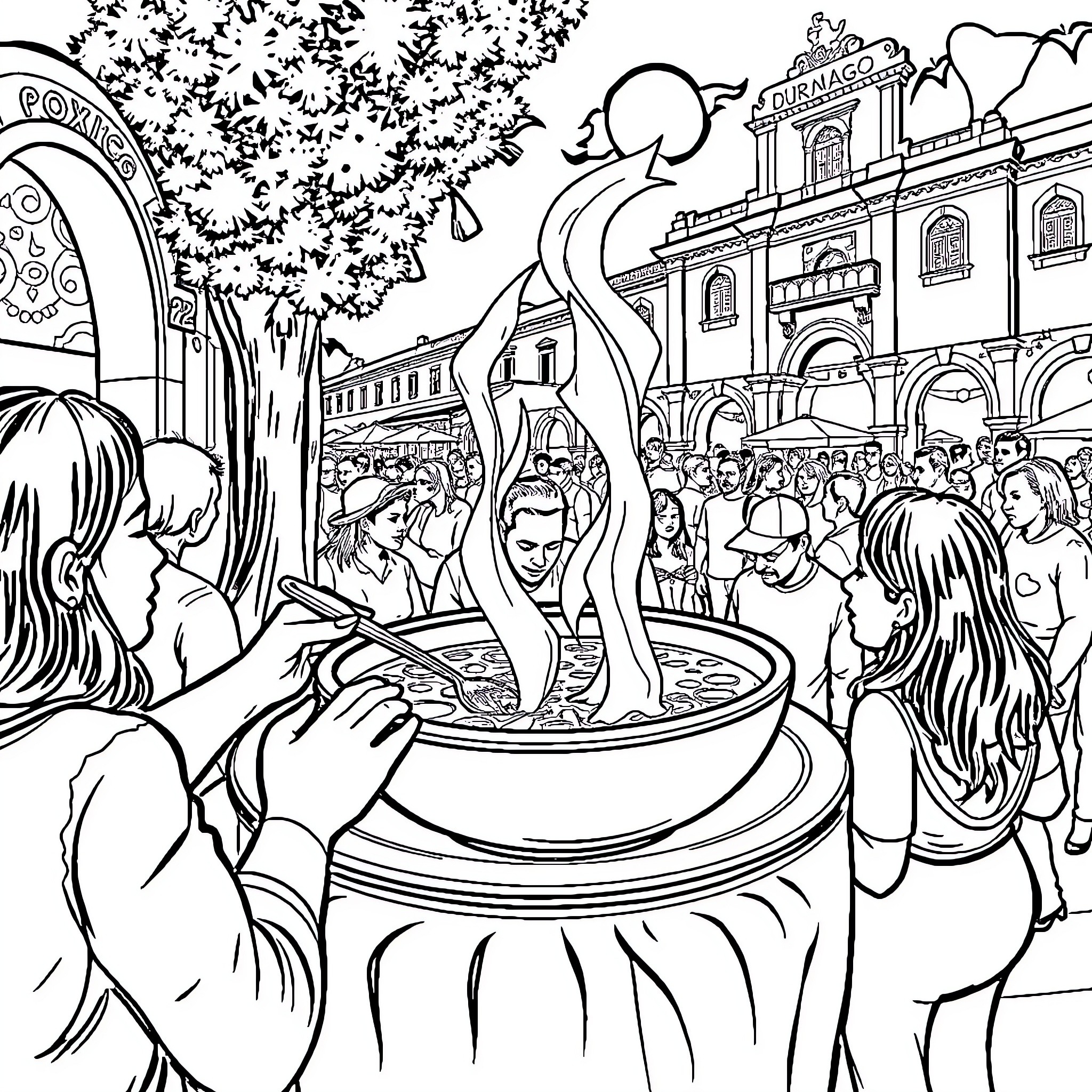 Pozole festival with lively celebrations and cultural displays Coloring Page (free black-and-white line drawing printable PDF for all, from beginners to advanced learners, including children, teens, adults, and seniors)