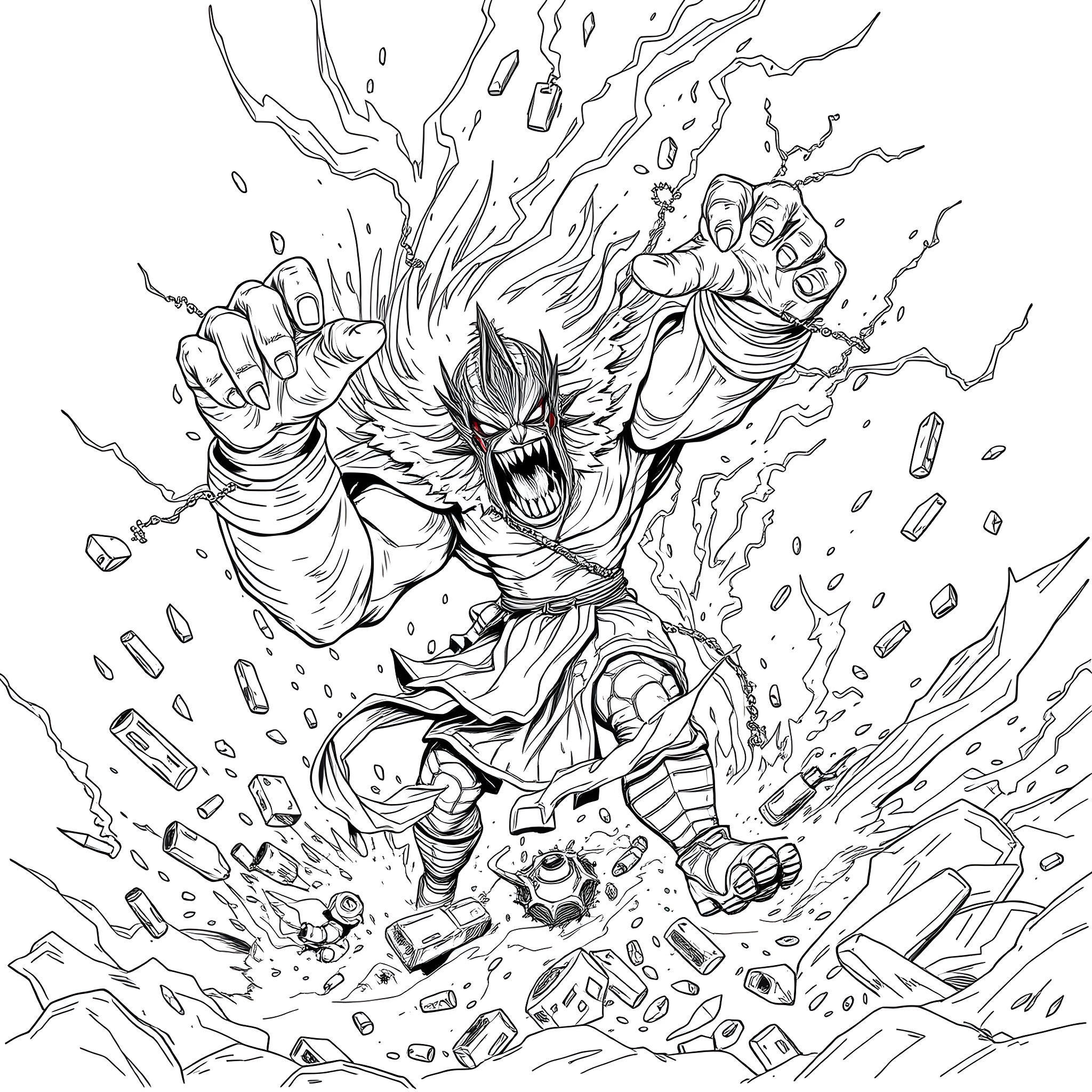 Bakugan character in explosive action scene Coloring Page (free black-and-white line drawing printable PDF for all, from beginners to advanced learners, including children, teens, adults, and seniors)