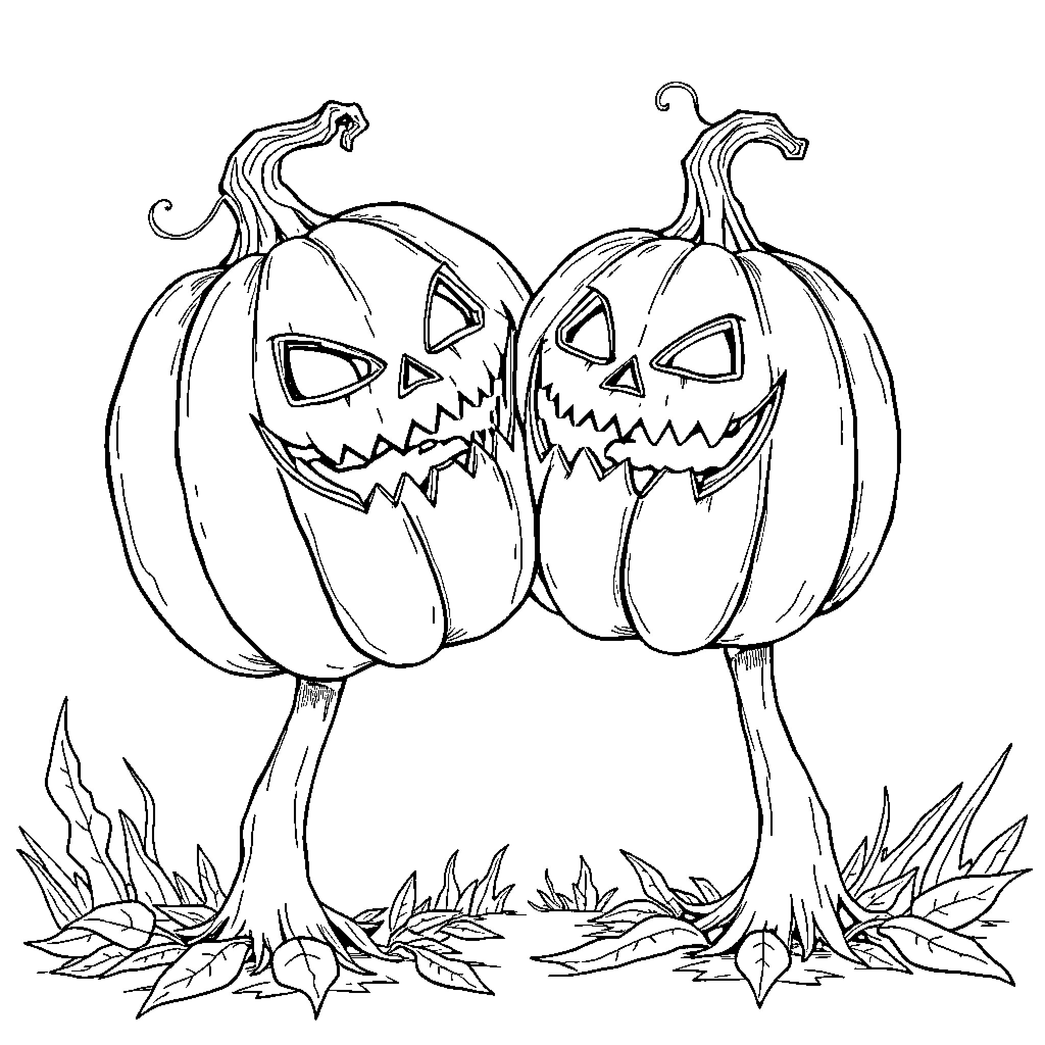 Pumpkin Heads with Spooky Expressions Coloring Page (free black-and-white line drawing printable PDF for all, from beginners to advanced learners, including children, teens, adults, and seniors)