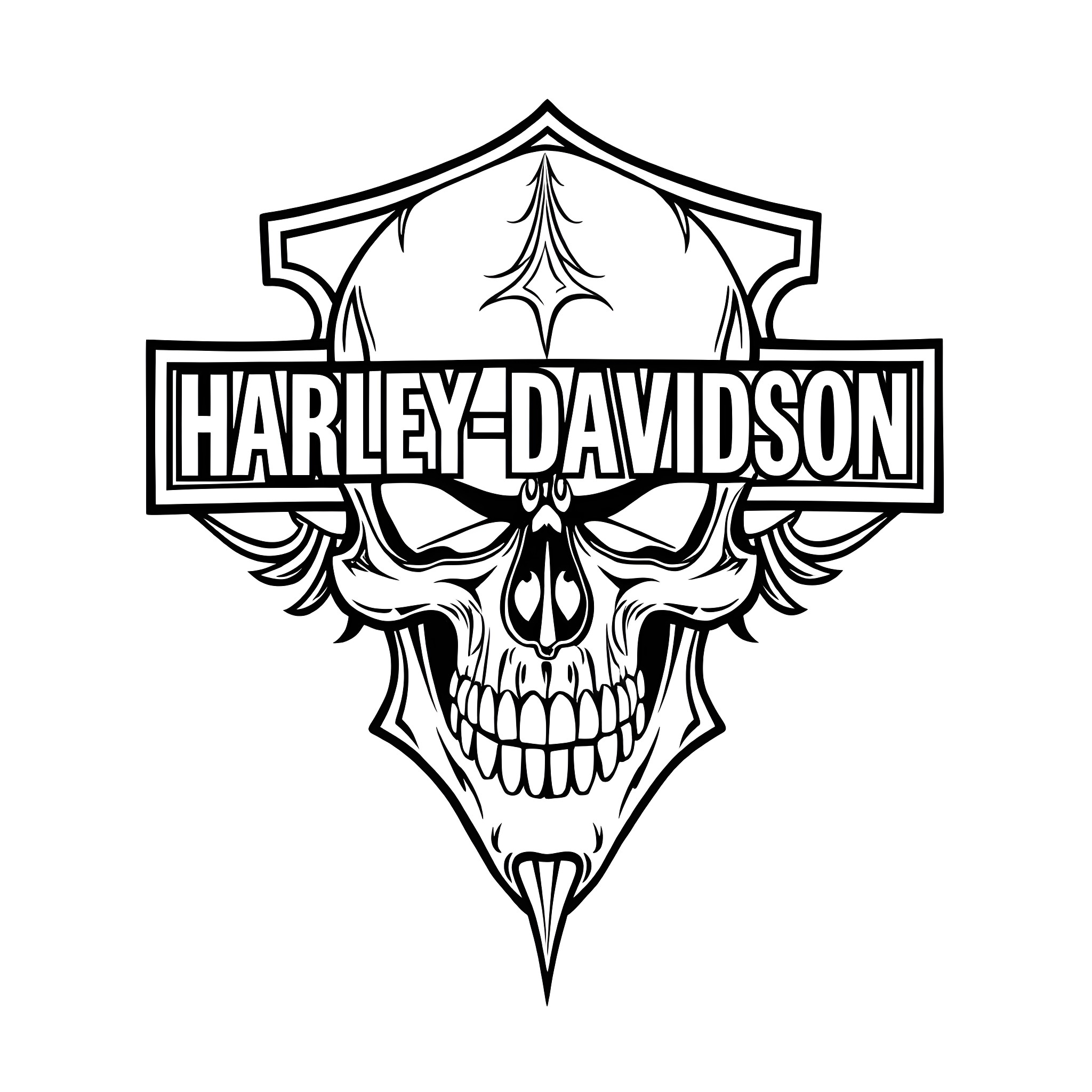 Harley Davidson skull with decorative emblems Coloring Page (free black-and-white line drawing printable PDF for all, from beginners to advanced learners, including children, teens, adults, and seniors)