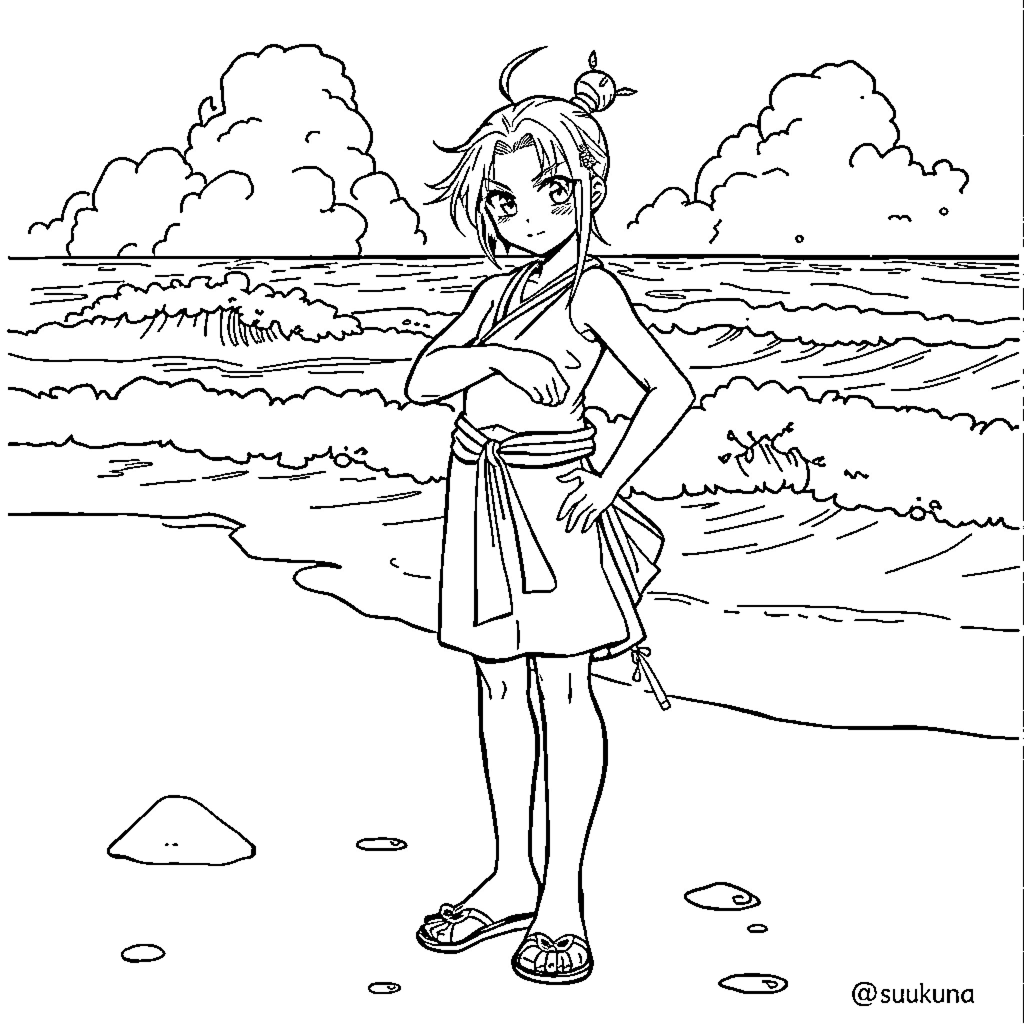 Sukuna's Coastal Stroll Coloring Page (free black-and-white line drawing printable PDF for all, from beginners to advanced learners, including children, teens, adults, and seniors)